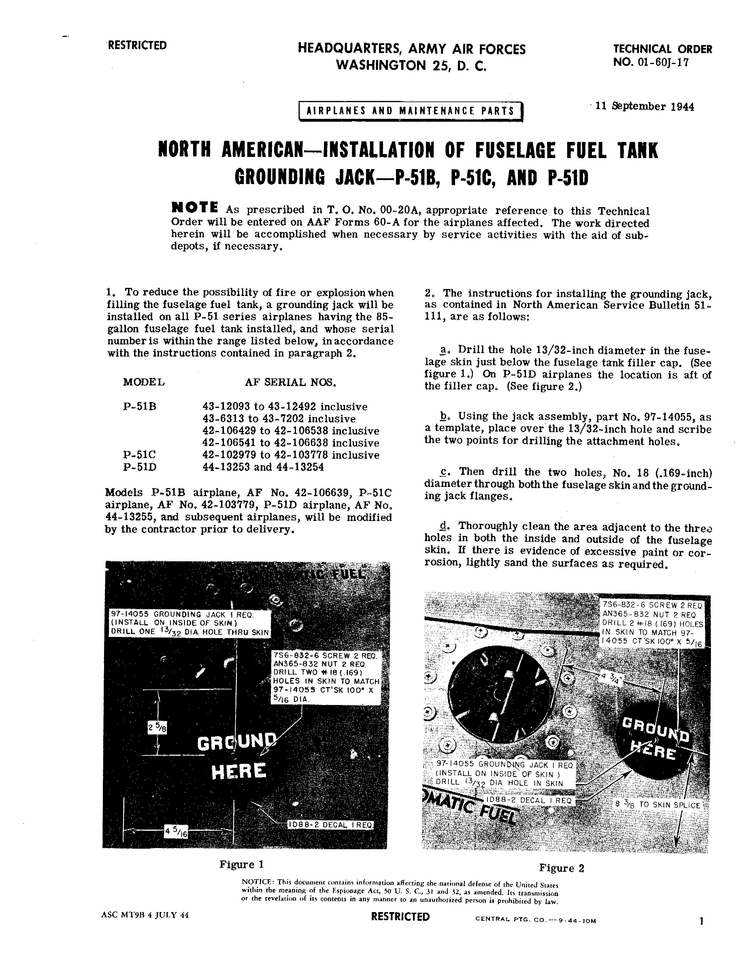 Sample page 1 from AirCorps Library document: Installation of Fuselage Fuel Tank Grounding Jack for P-51B, C, and D