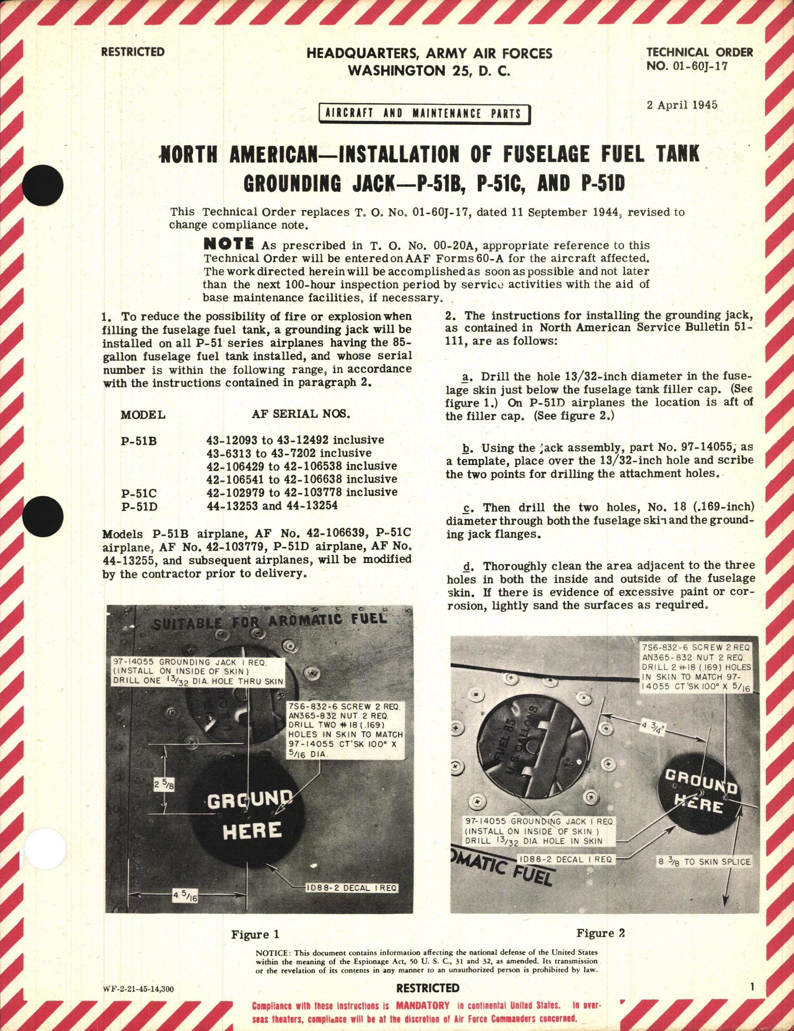 Sample page 1 from AirCorps Library document: Installation of Fuselage Fuel Tank Grounding Jack for P-51B, C, and D