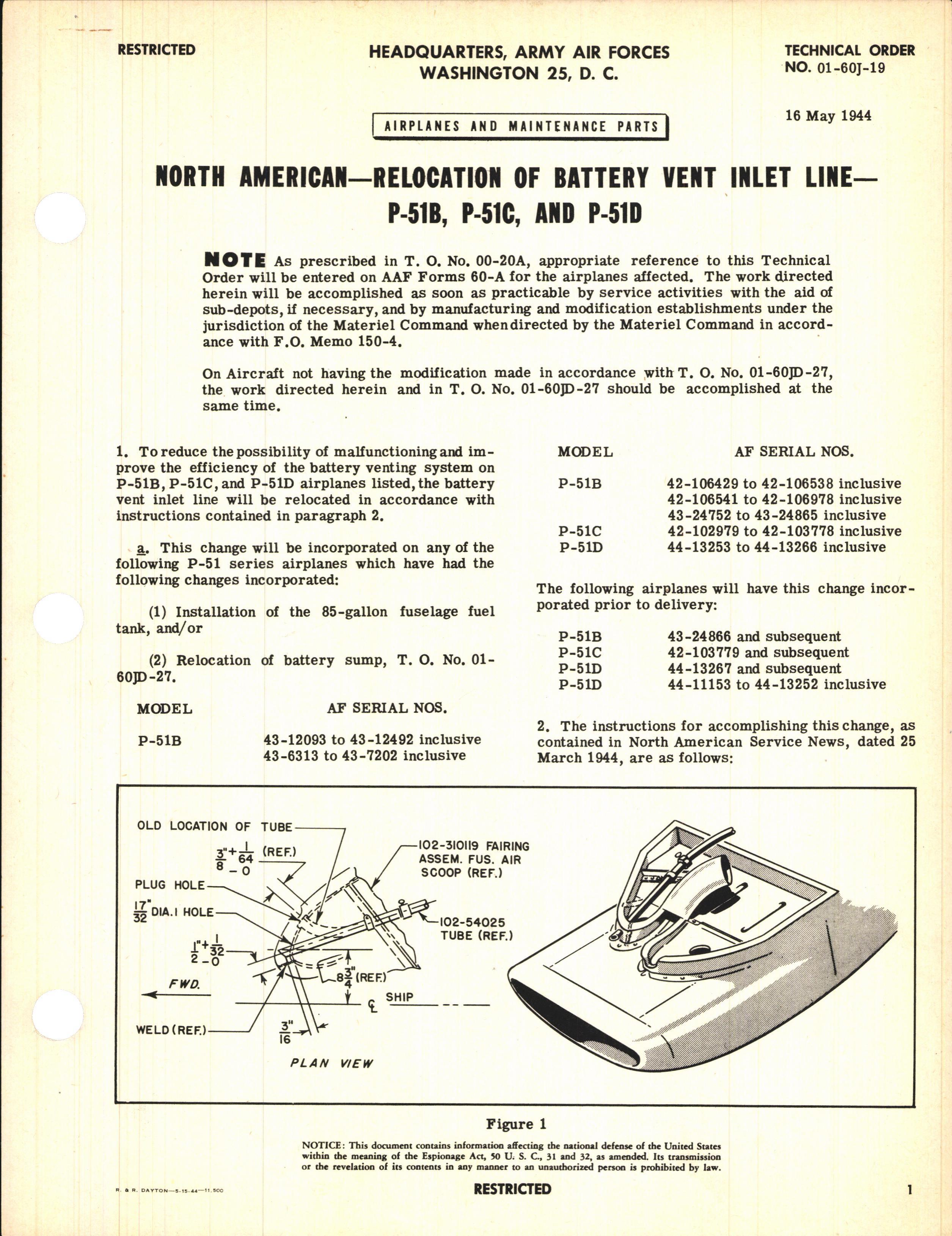 Sample page 1 from AirCorps Library document: Relocation of Battery Vent Inlet Line for P-51B, C, and D