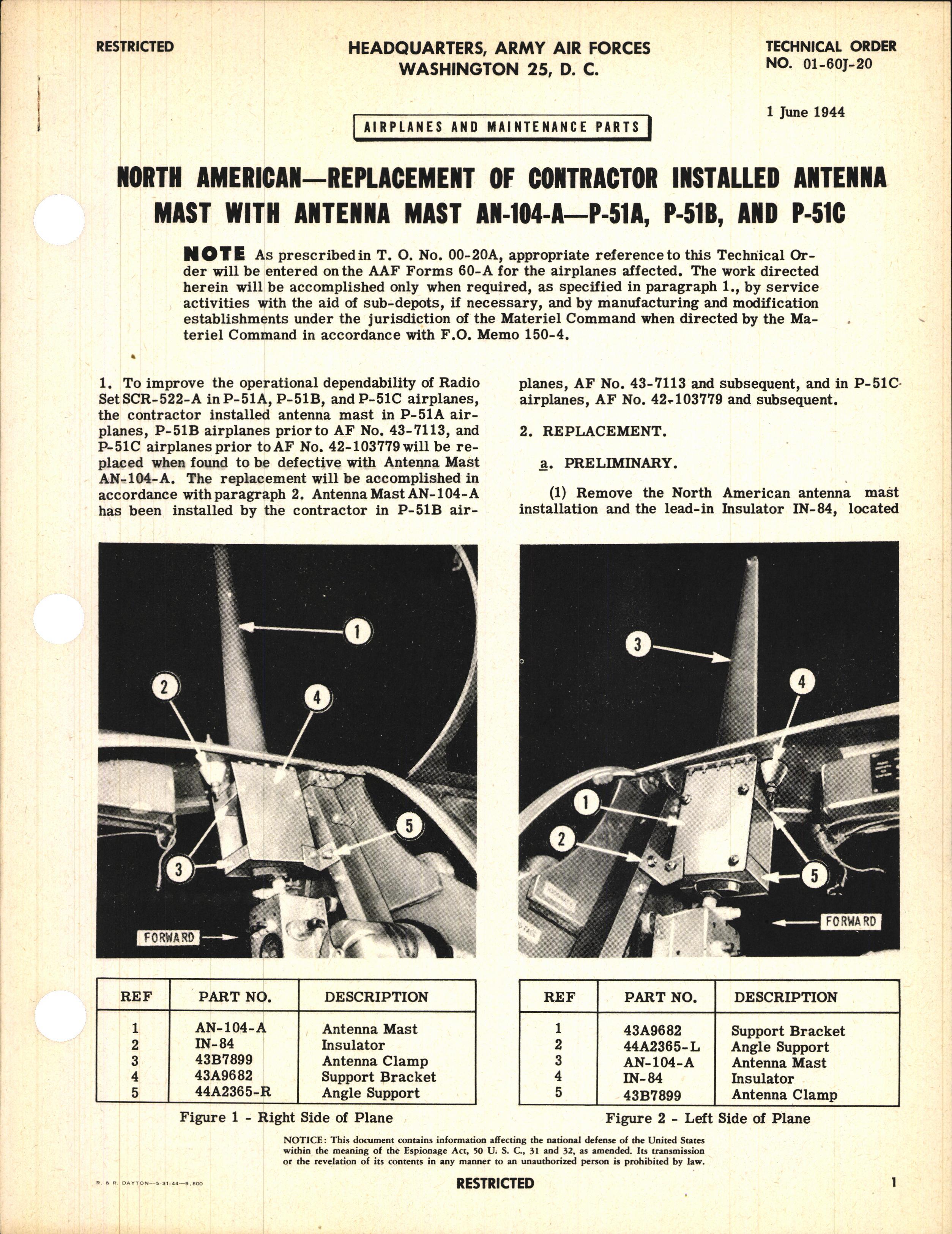 Sample page 1 from AirCorps Library document: Replacement of Contractor Installed Antenna Mast with Antenna Mast AN-104-A
