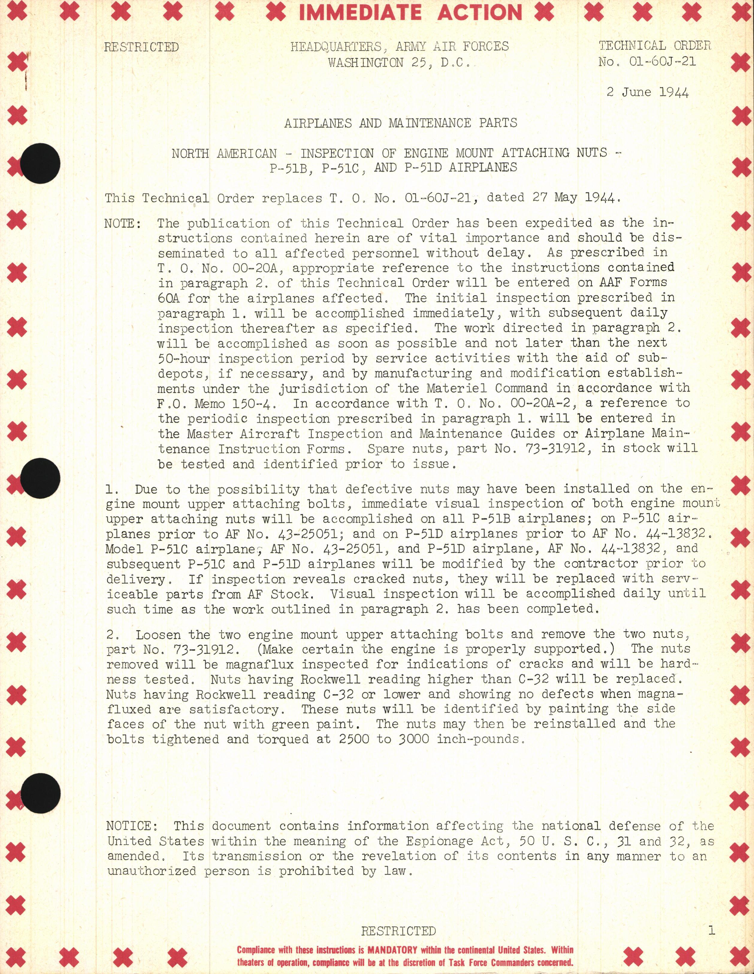 Sample page 1 from AirCorps Library document: Inspection of Engine Mount Attaching Nuts for P-51B, C, and D
