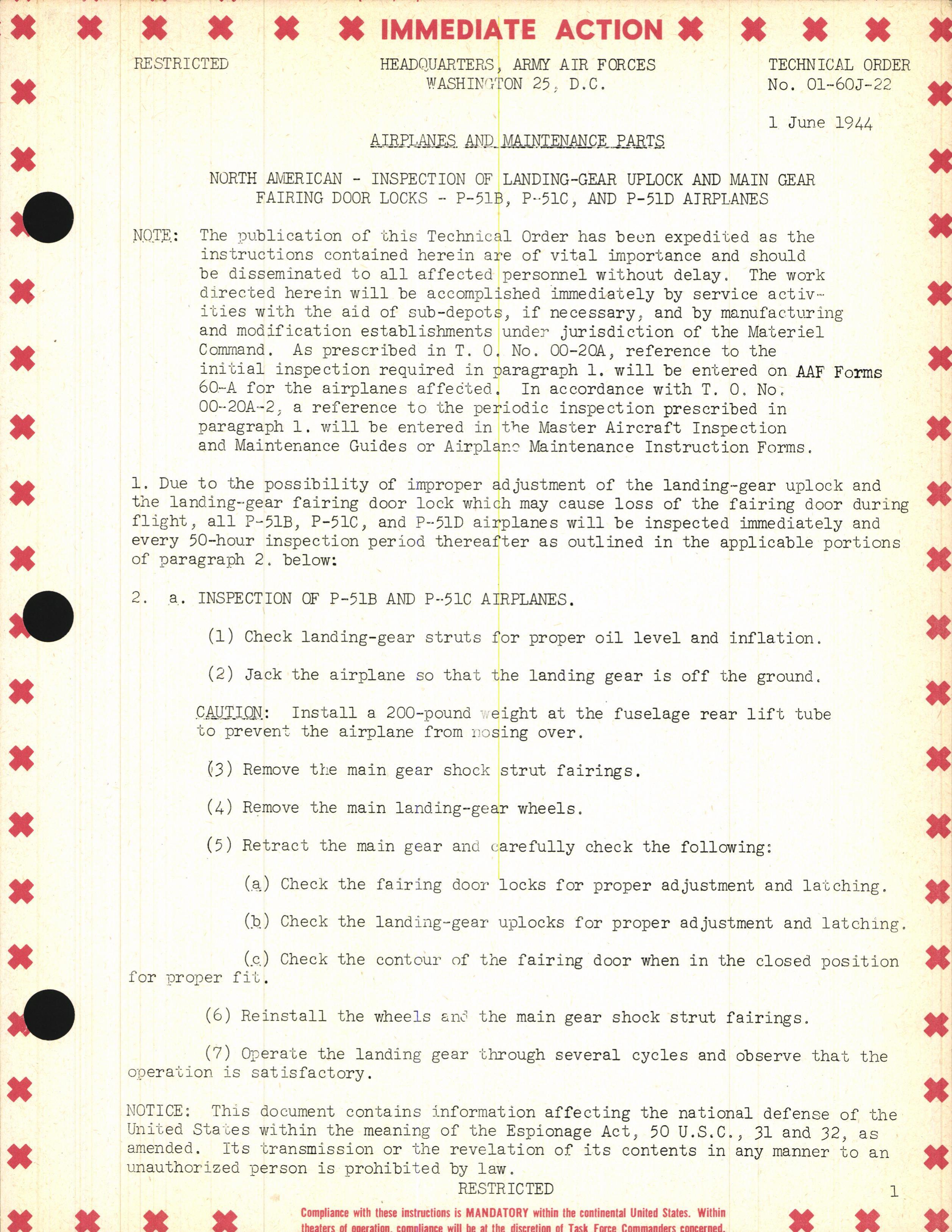 Sample page 1 from AirCorps Library document: Inspection of Landing-Gear Uplock and Main Gear Fairing Door Locks