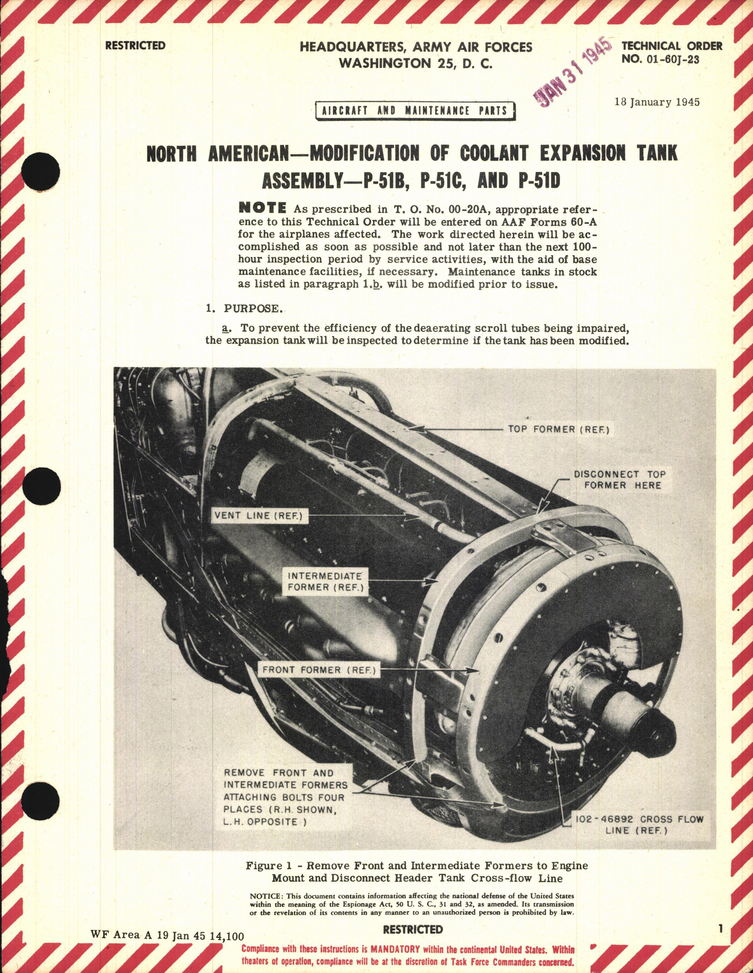 Sample page 1 from AirCorps Library document: Modification of Coolant Expansion Tank Assembly for P-51B, C, and D
