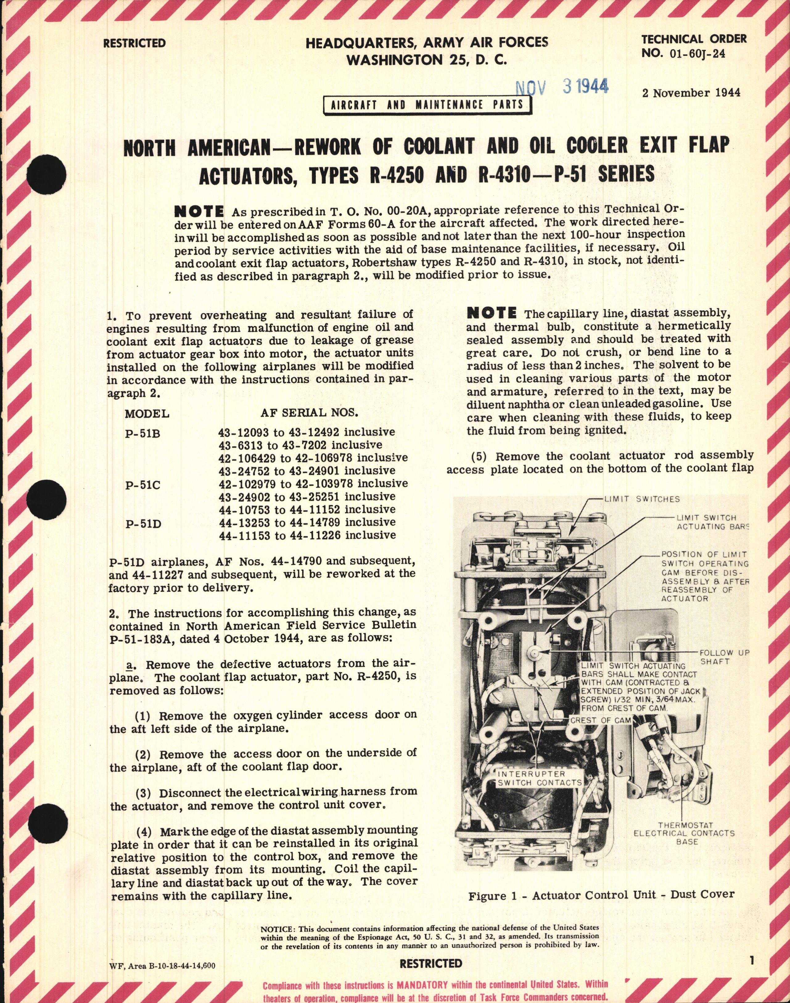 Sample page 1 from AirCorps Library document: Rework of Coolant and Oil Cooler Exit Flap Actuators, Types R-4250 and R-4310