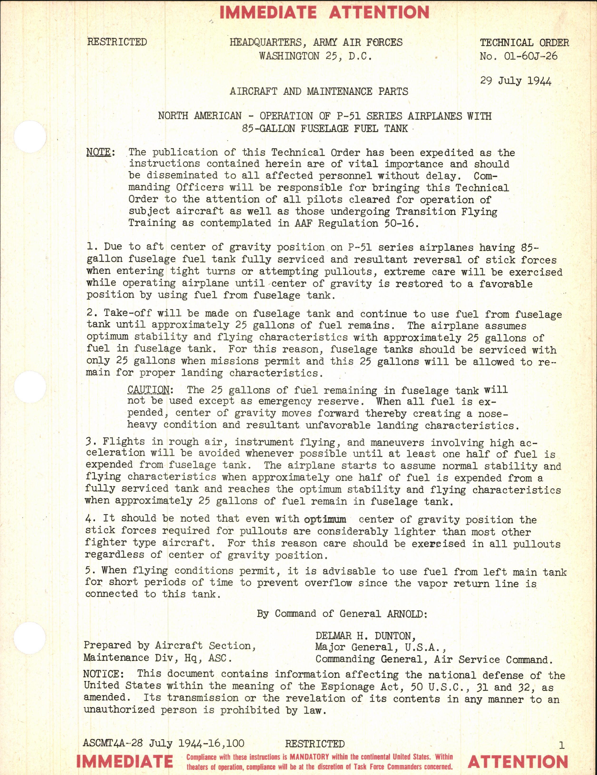 Sample page 1 from AirCorps Library document: Operation of P-51 Series Airplanes with 85-Gallon Fuselage Fuel Tank