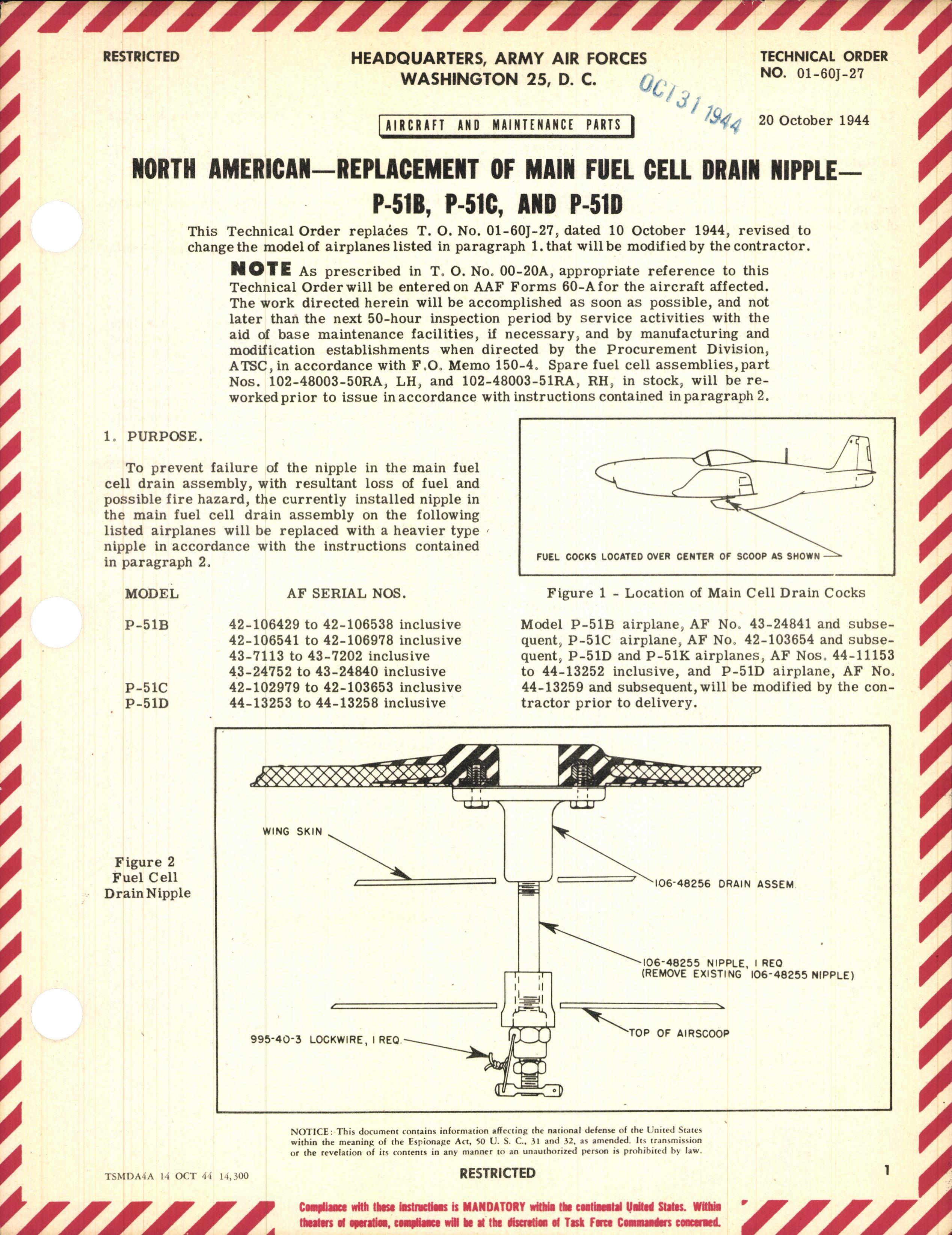 Sample page 1 from AirCorps Library document: Replacement of Main Fuel Cell Drain Nipple for P-51B, C, and D