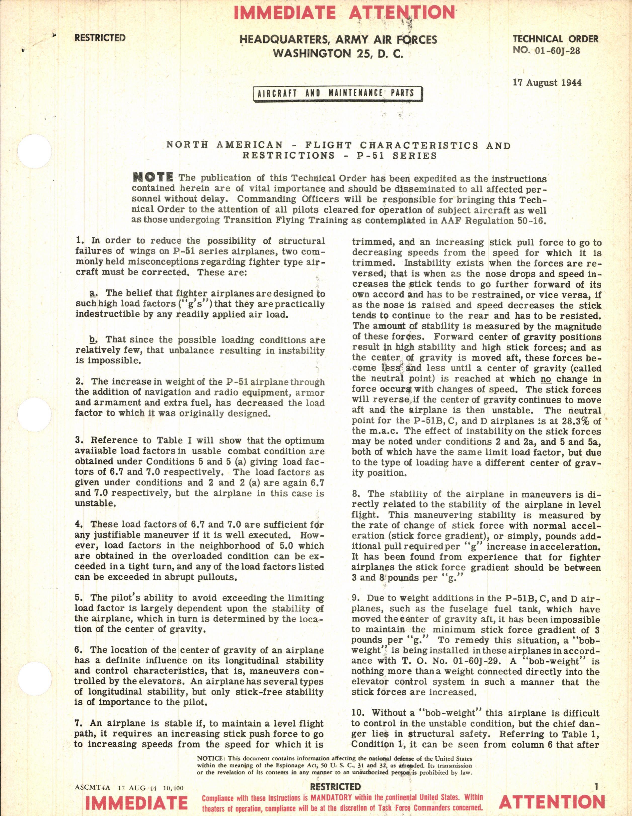 Sample page 1 from AirCorps Library document: Flight Characteristics and Restrictions for P-51 Series