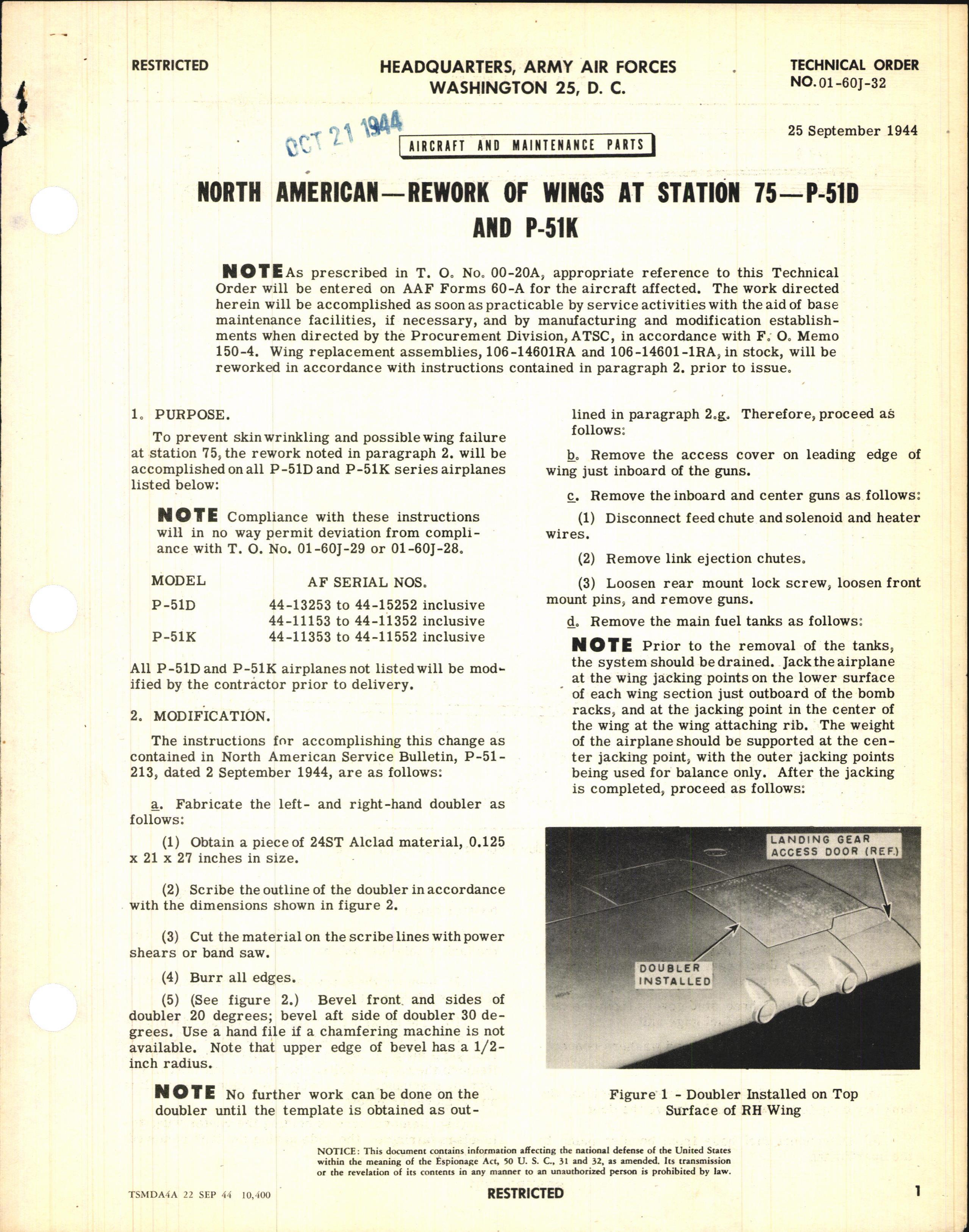 Sample page 1 from AirCorps Library document: Rework of Wings at Station 75 for P-51D and K