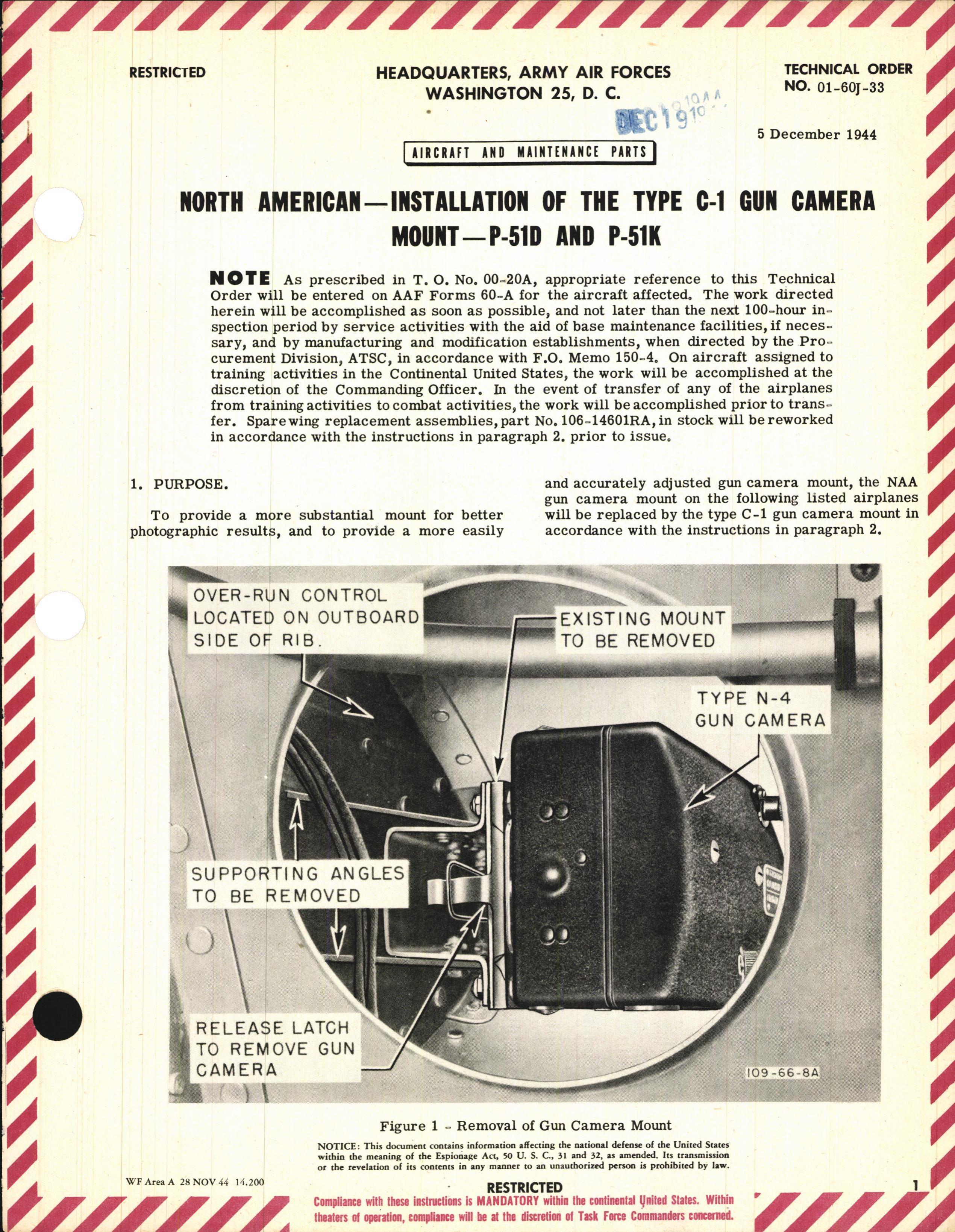 Sample page 1 from AirCorps Library document: Installation of the Type C-1 Gun Camera Mount for P-51D and K