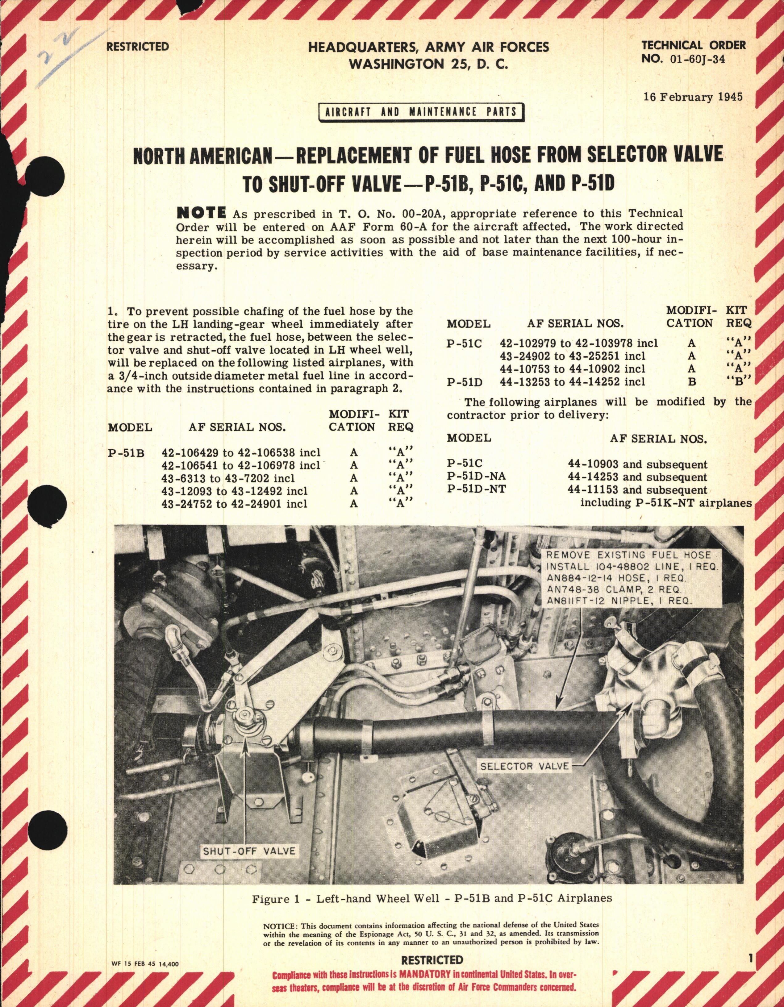 Sample page 1 from AirCorps Library document: Replacement of Fuel Hose from Selector Valve to Shut-Off Valve for P-51B, C, and D