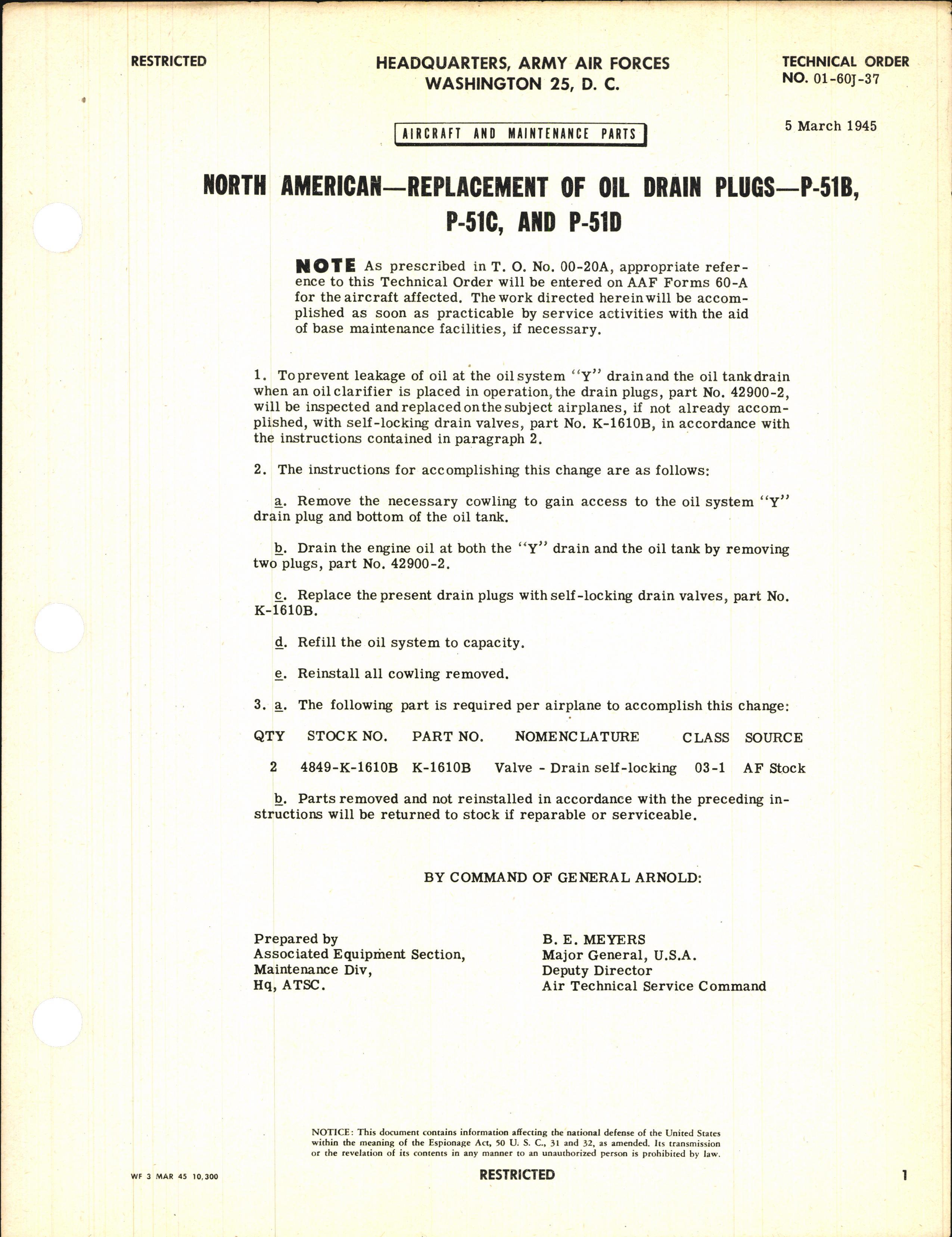 Sample page 1 from AirCorps Library document: Replacement of Oil Drain Plugs for P-51B, C, and D