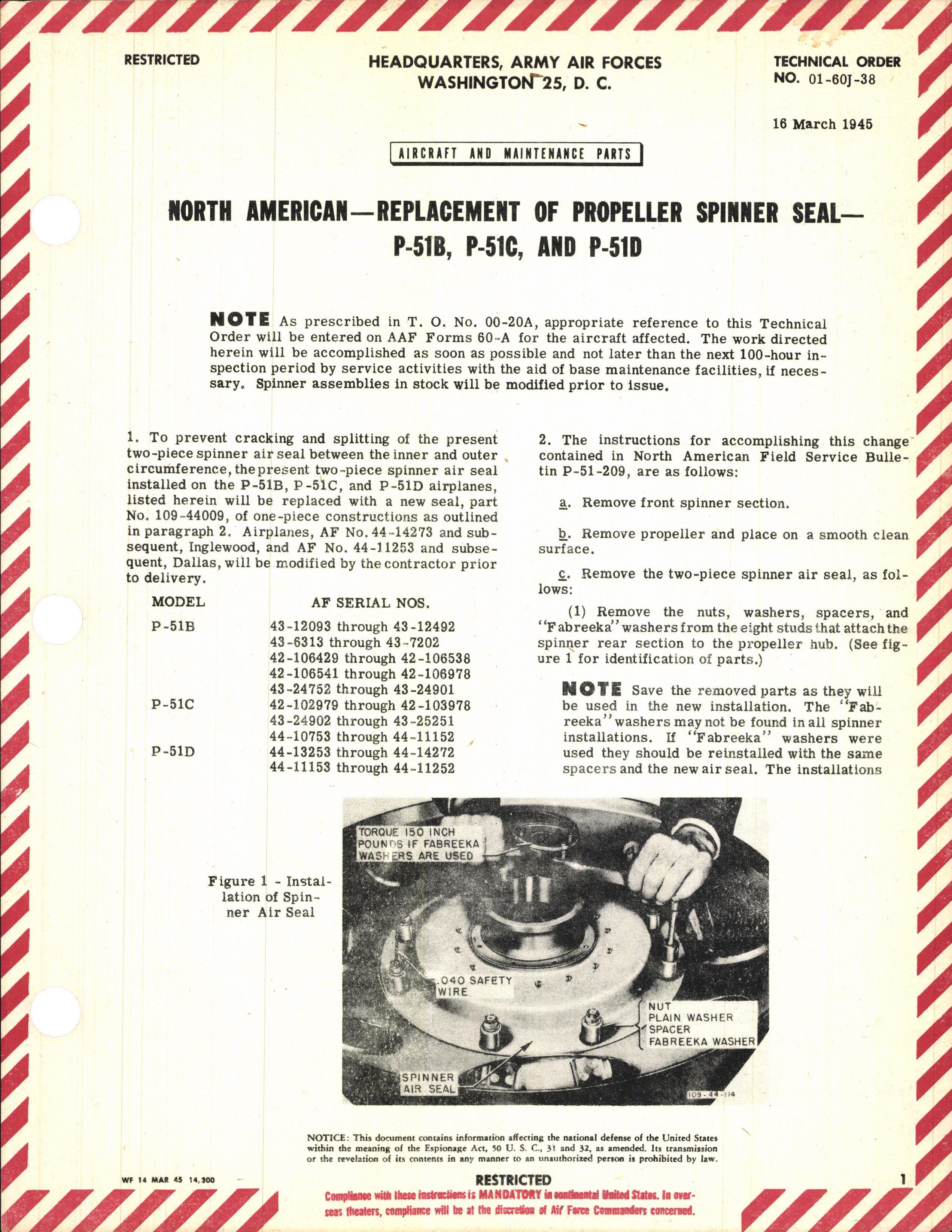 Sample page 1 from AirCorps Library document: Replacement of Propeller Spinner Seal for P-51B, C, and D