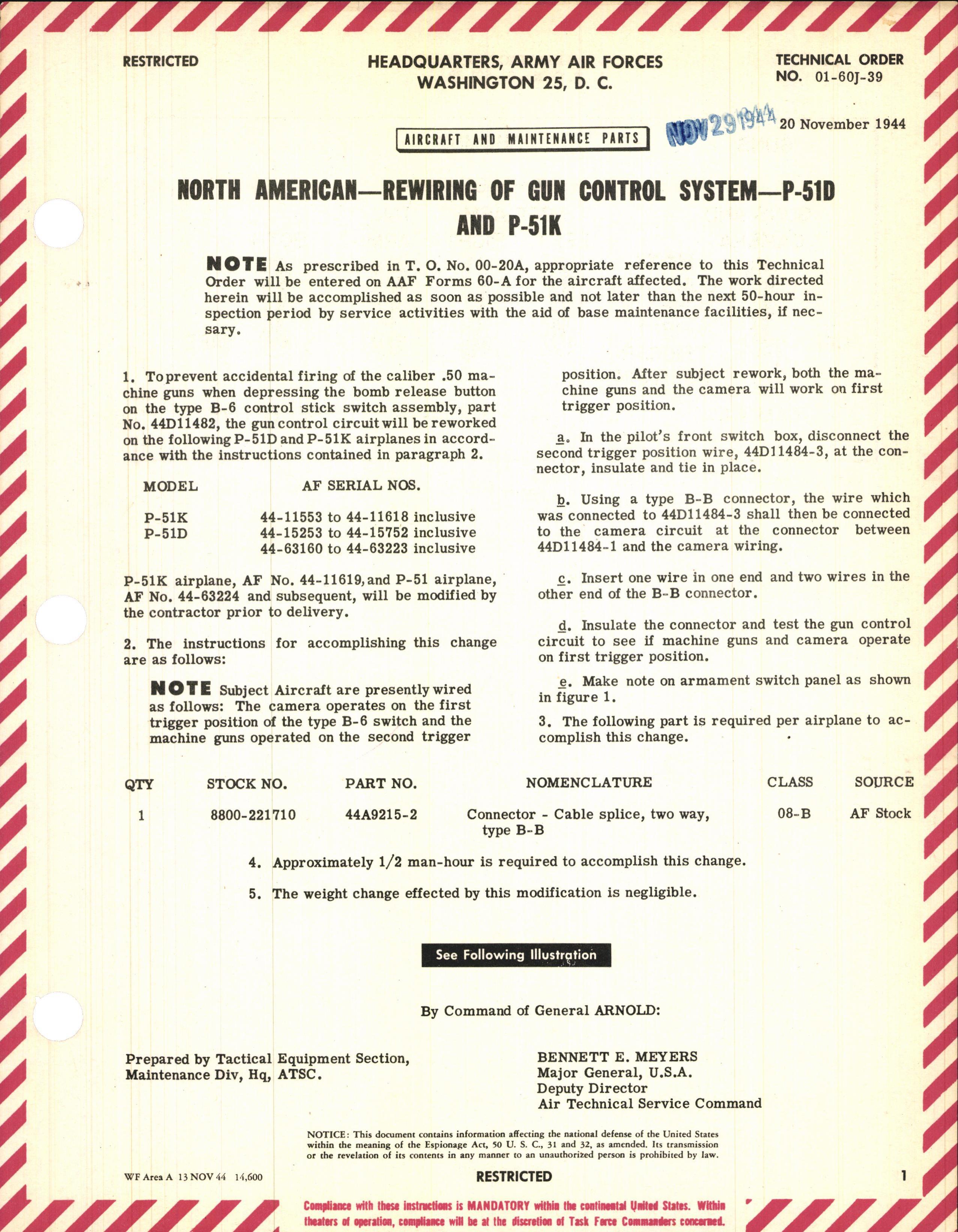 Sample page 1 from AirCorps Library document: Rewiring of Gun Control System for P-51D and P-51K