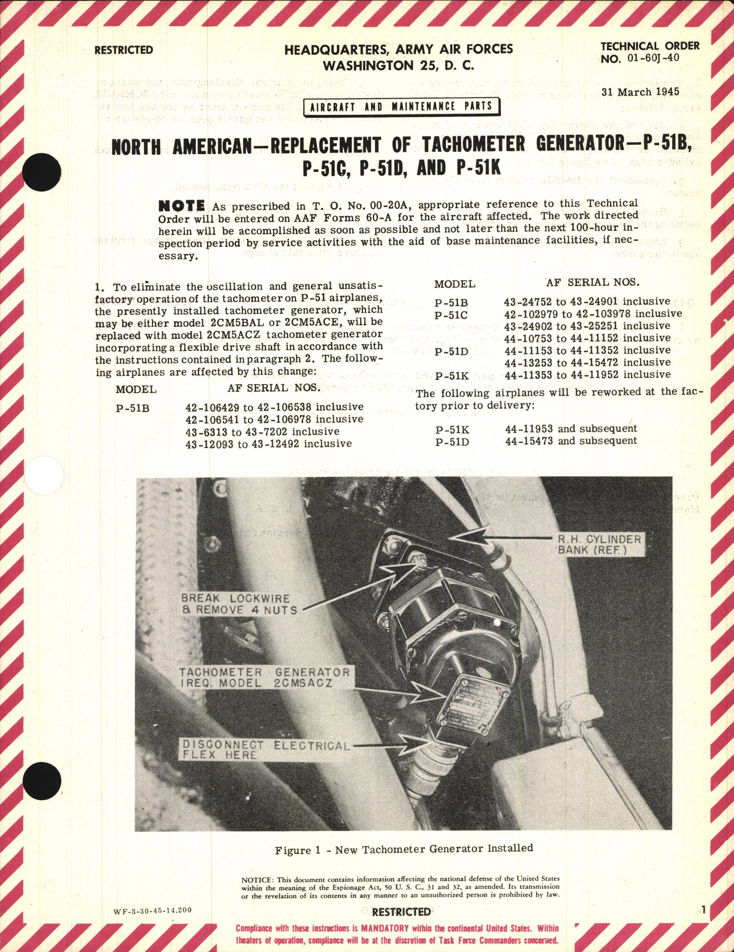 Sample page 1 from AirCorps Library document: Replacement of Tachometer Generator for P-51B, C, D, and K