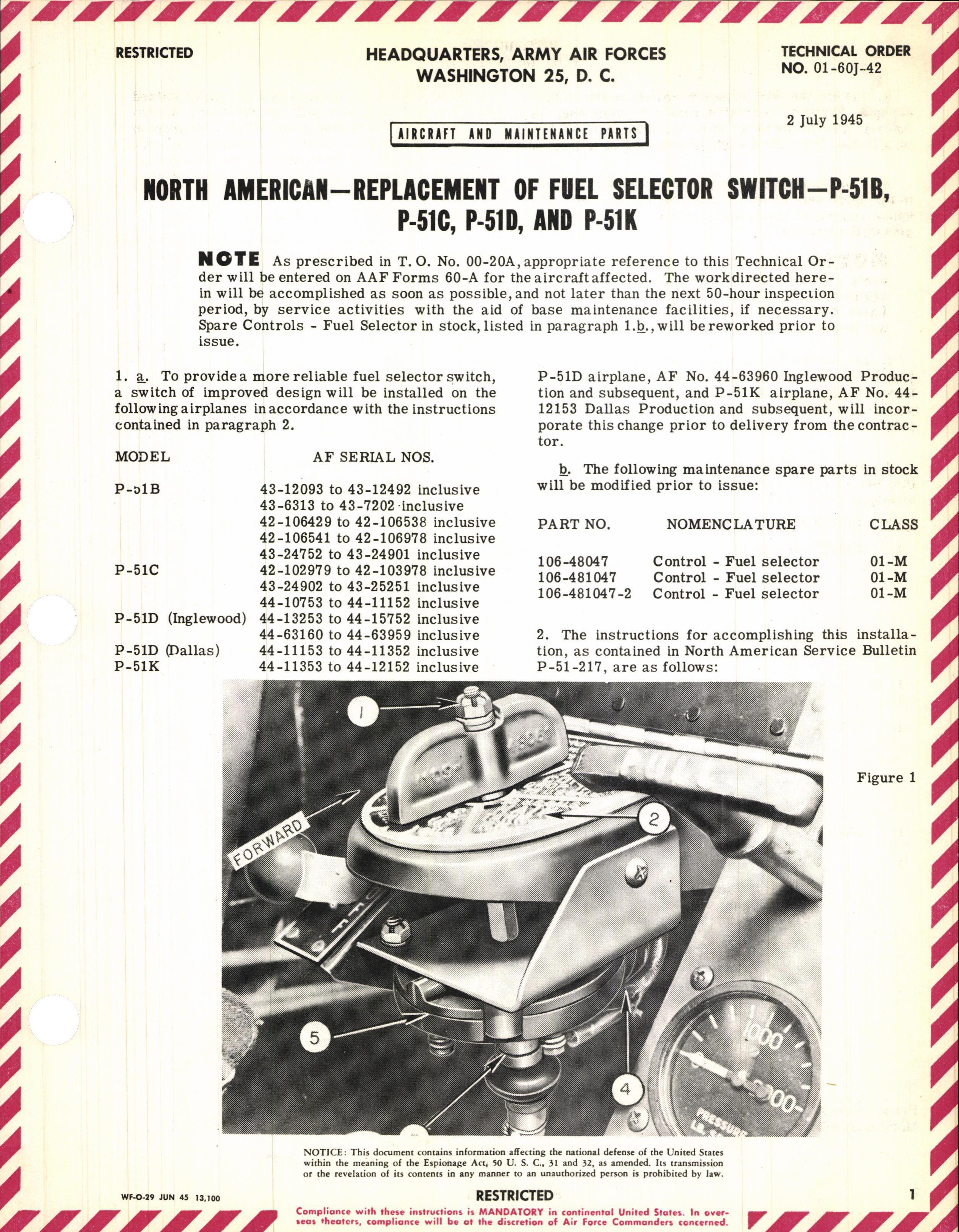 Sample page 1 from AirCorps Library document: Replacement of Fuel Selector Switch for P-51B, C, D, and K