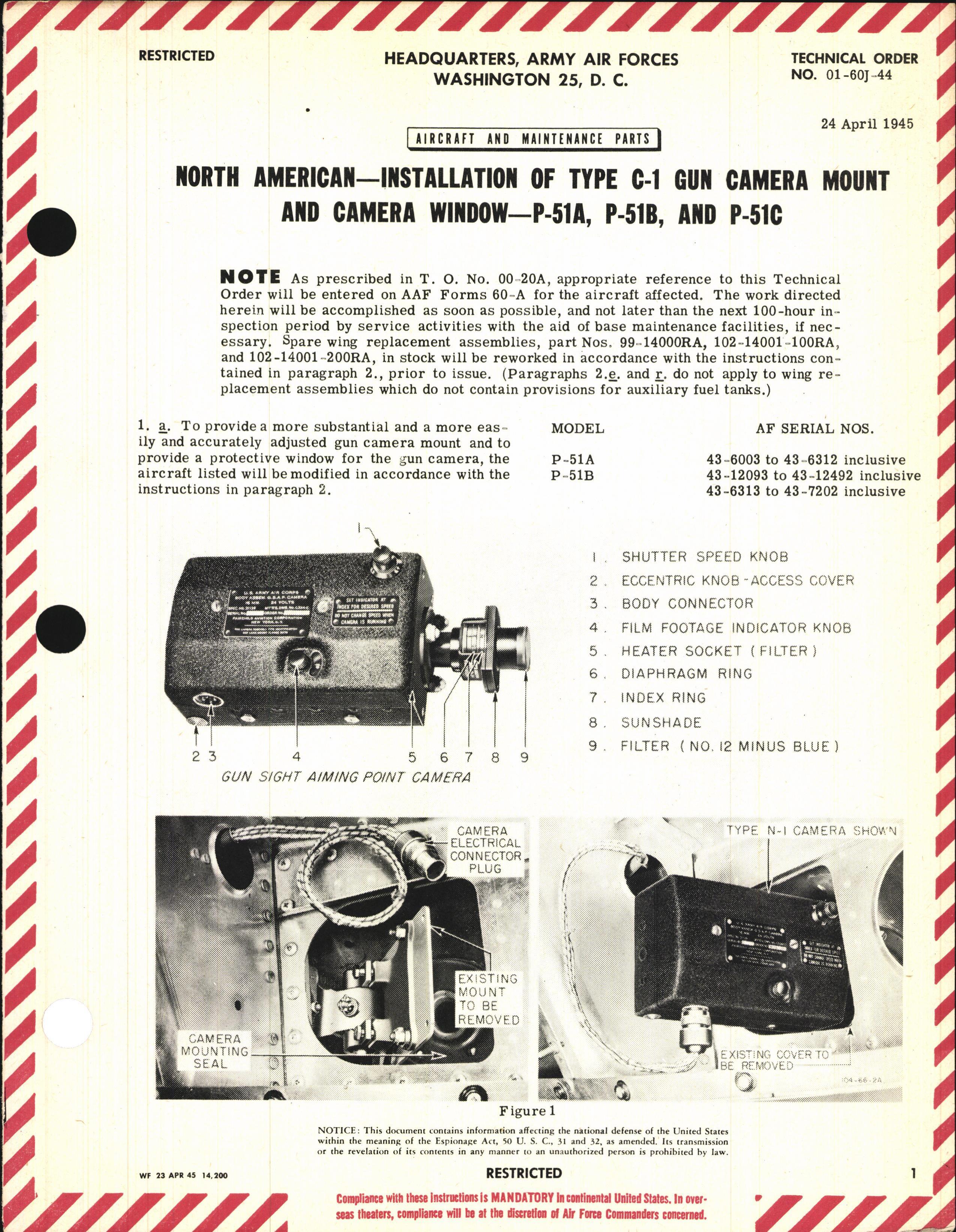 Sample page 1 from AirCorps Library document: Installation of Type C-1 Gun Camera Mount and Camera Window