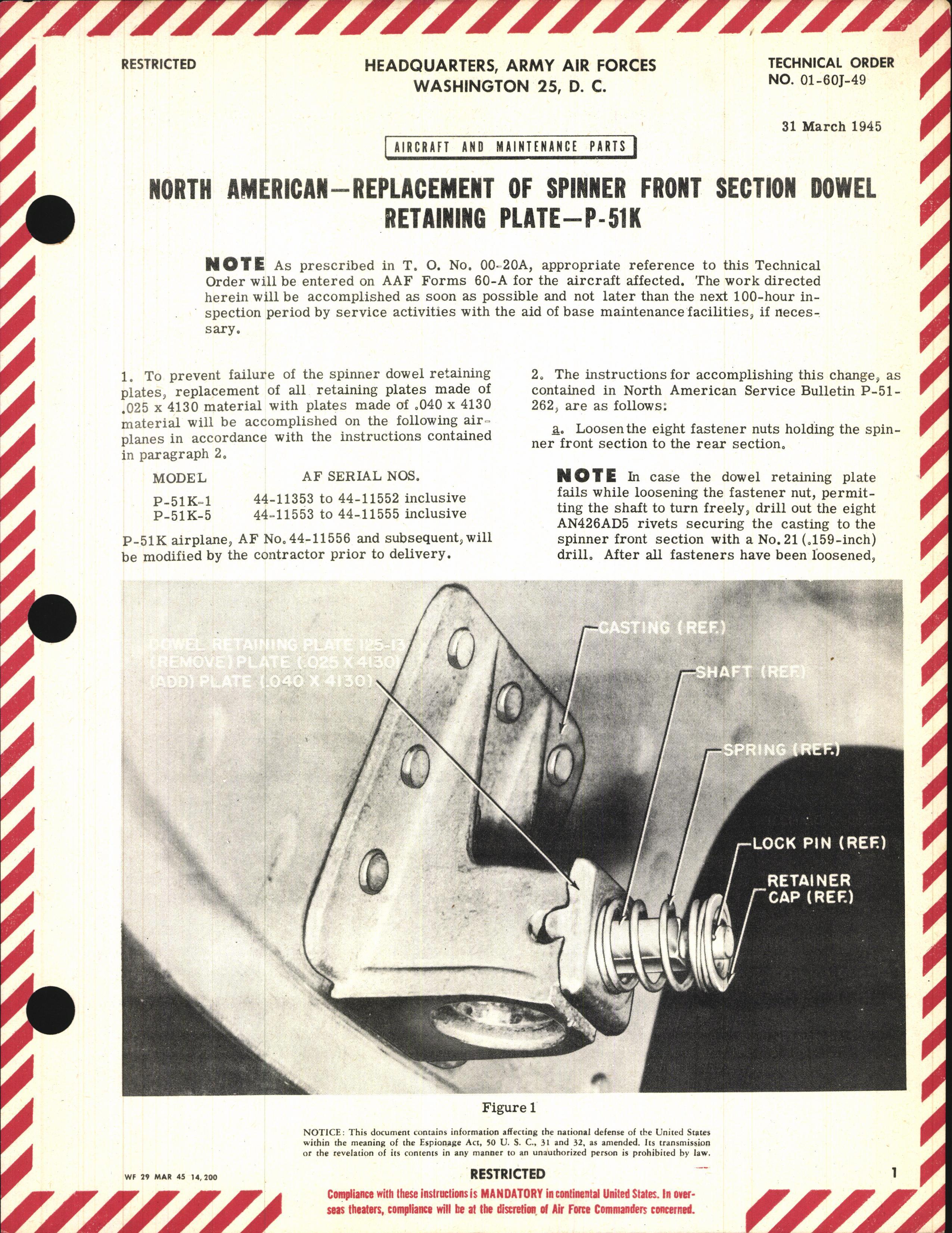 Sample page 1 from AirCorps Library document: Replacement of Spinner Front Section Dowel Retaining Plate for P-51K