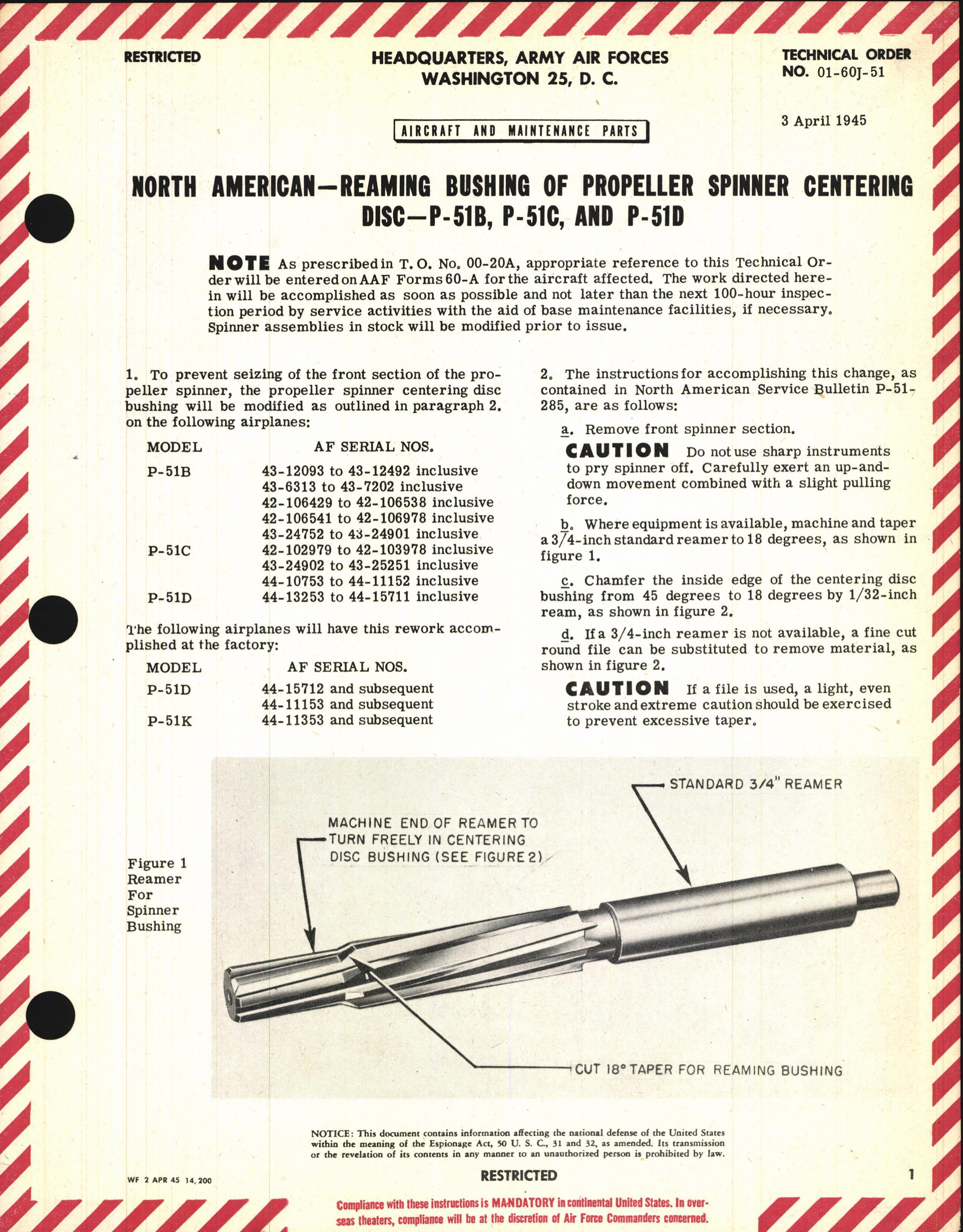 Sample page 1 from AirCorps Library document: Reaming Bushing of Propeller Spinner Centering Disc for P-51B, C, and D