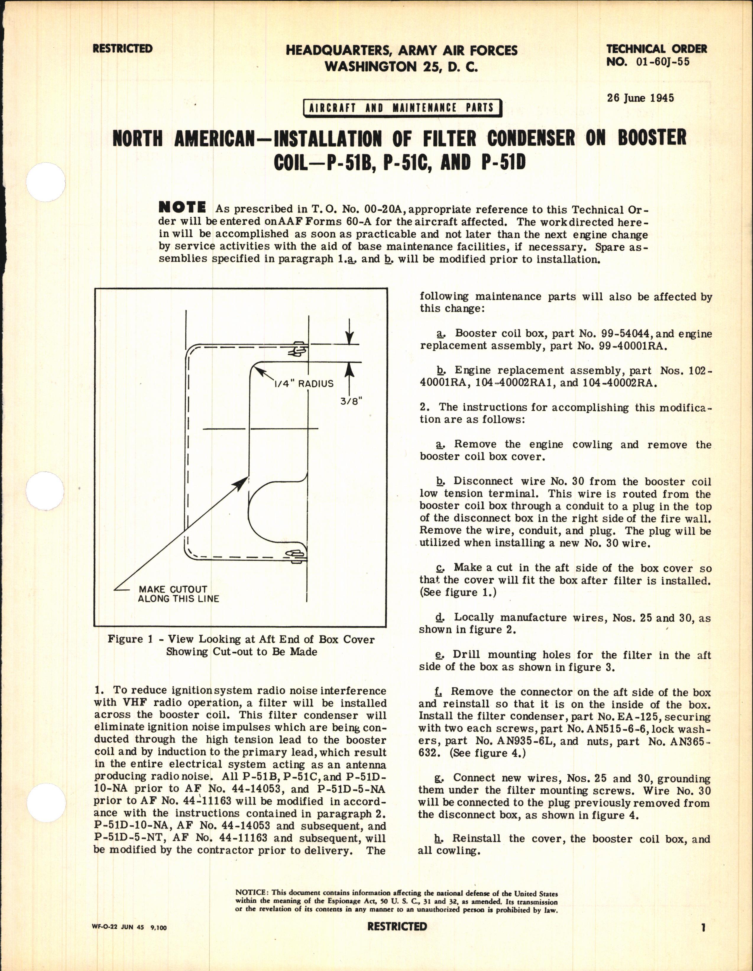 Sample page 1 from AirCorps Library document: Installation of Filter Condenser on Booster Coil for P-51B, C, and D