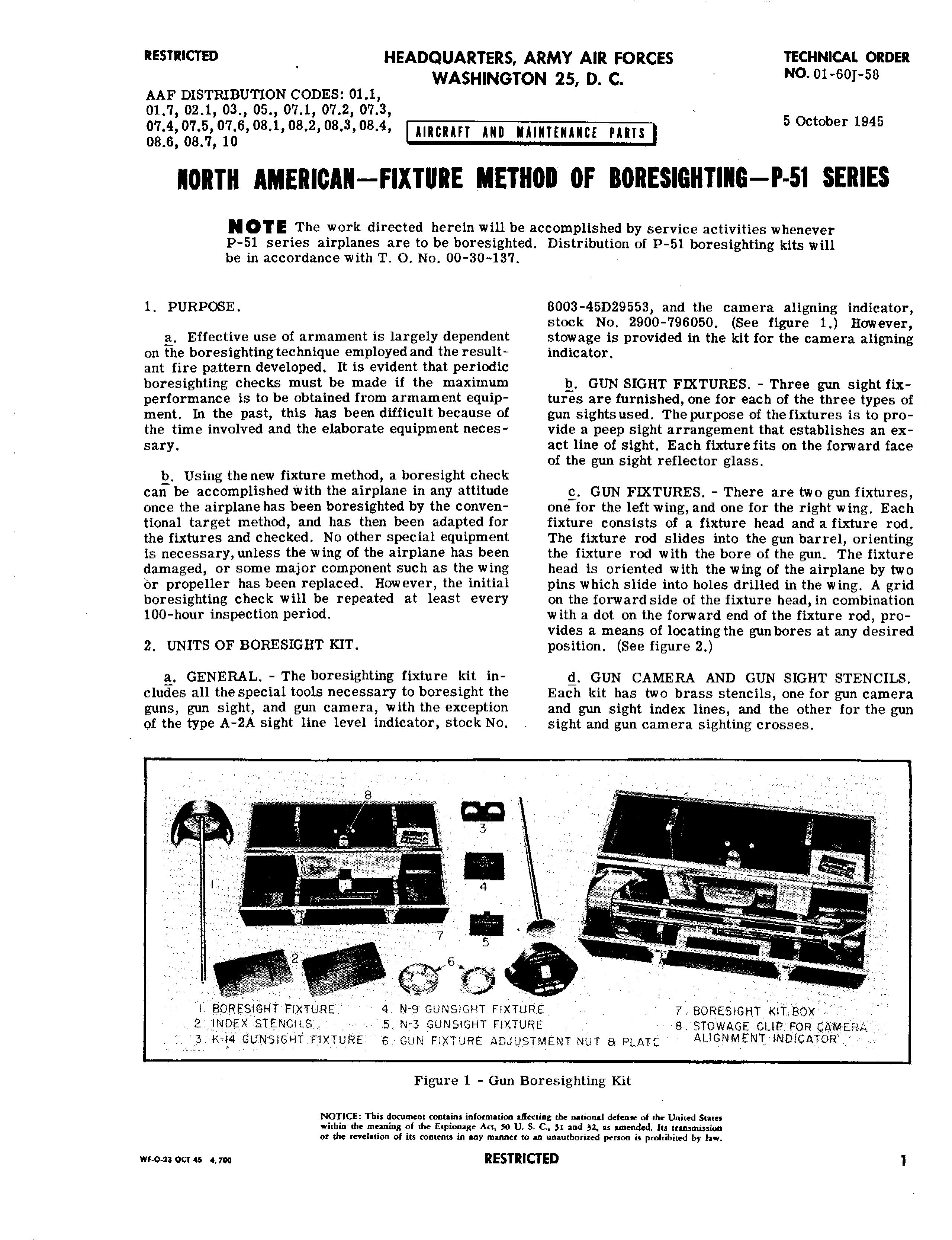 Sample page 1 from AirCorps Library document: Fixture Method of Boresighting for P-51 Series