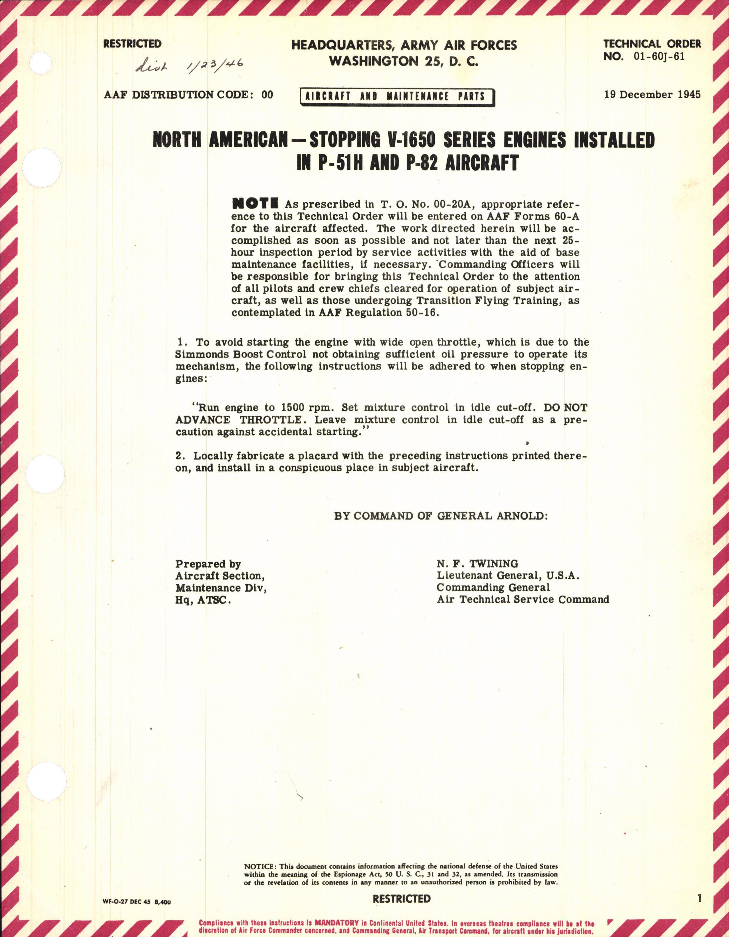 Sample page 1 from AirCorps Library document: Stopping V-1650 Series Engines Installed in P-51H and P-82 Aircraft