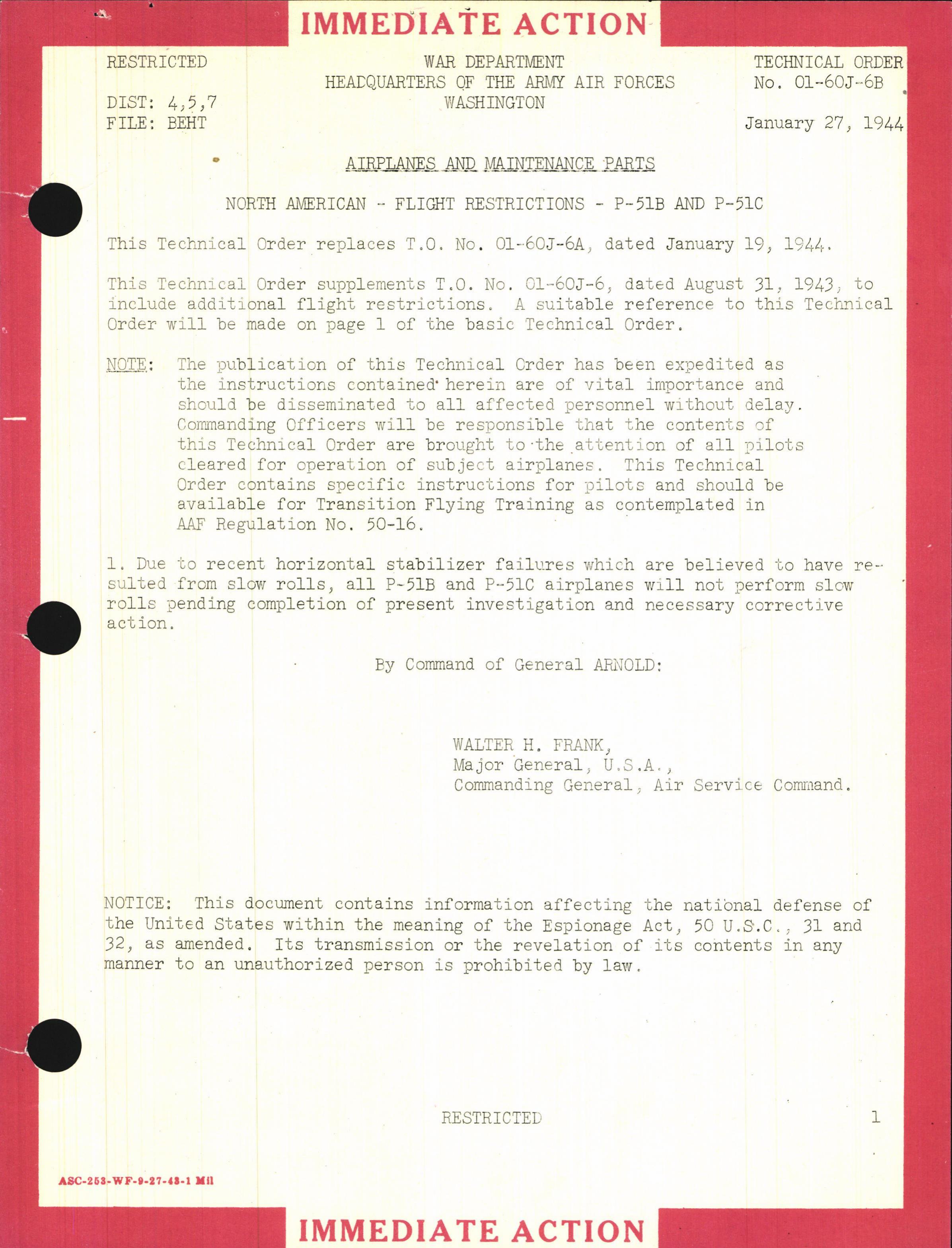 Sample page 1 from AirCorps Library document: Flight Restrictions for P-51B and P-51C