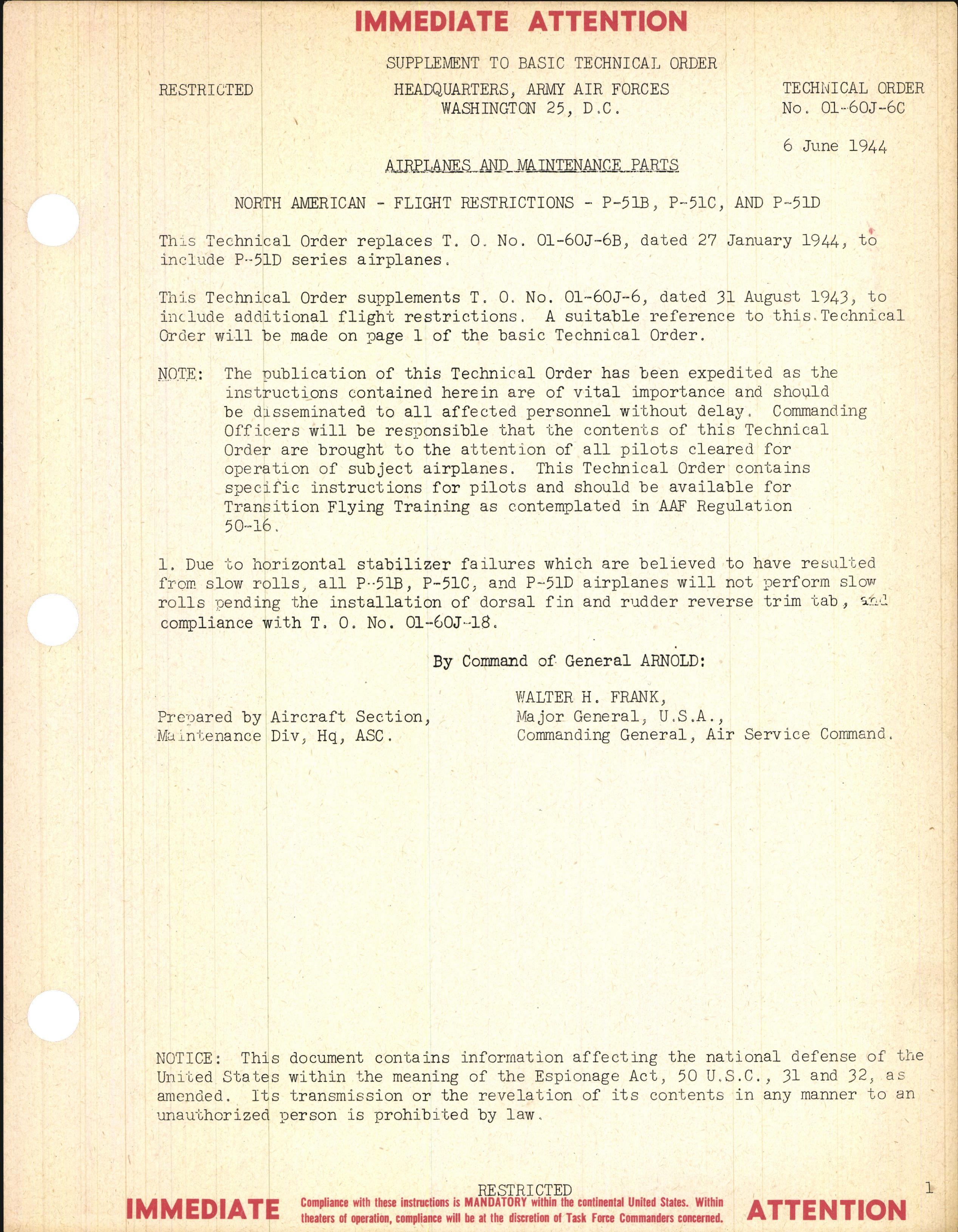 Sample page 1 from AirCorps Library document: Flight Restrictions for P-51B, P-51C, and P-51D