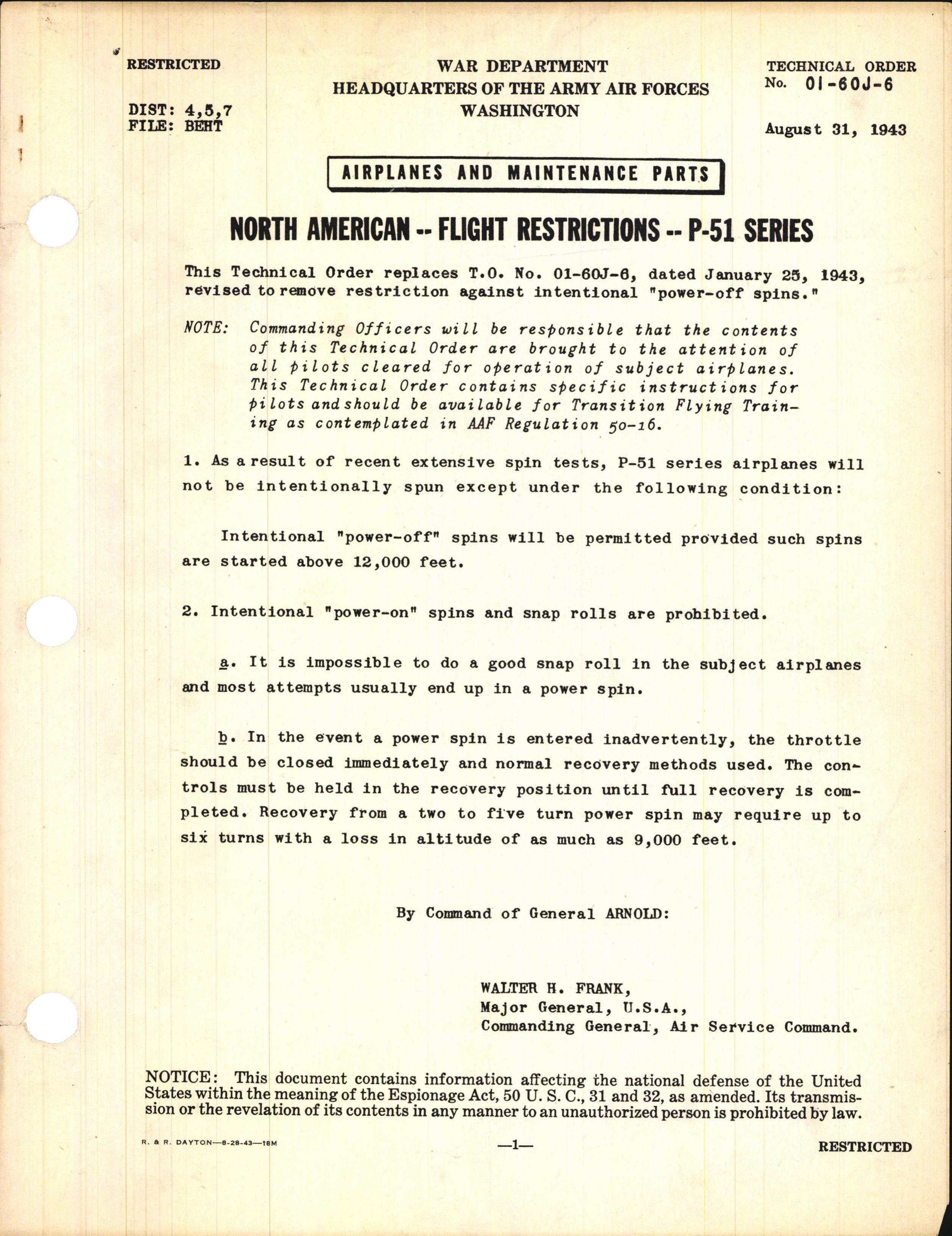 Sample page 1 from AirCorps Library document: Flight Restrictions for P-51 Series