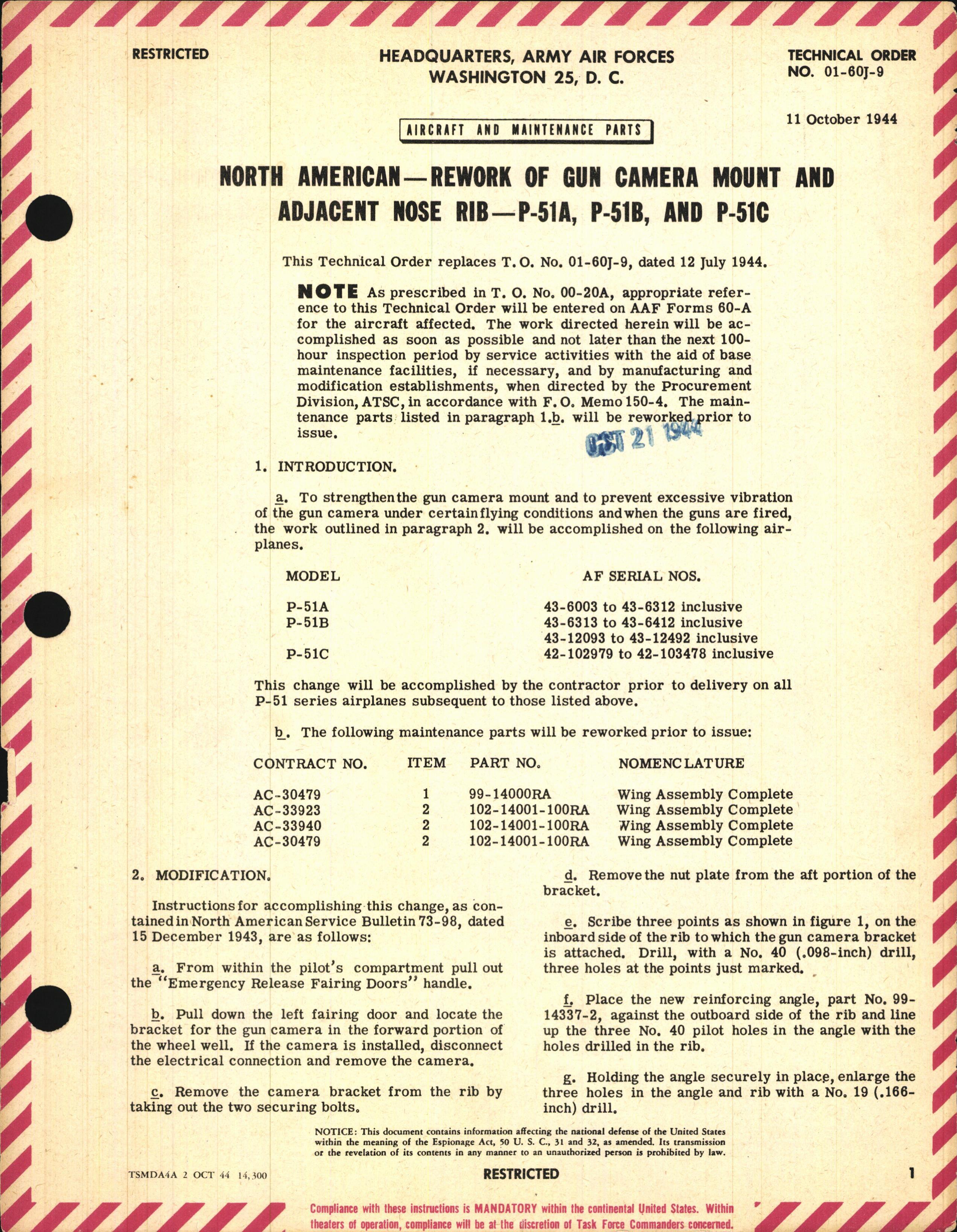 Sample page 1 from AirCorps Library document: Rework of Gun Camera Mount and Adjacent Nose Rib for P-51A, B, and C