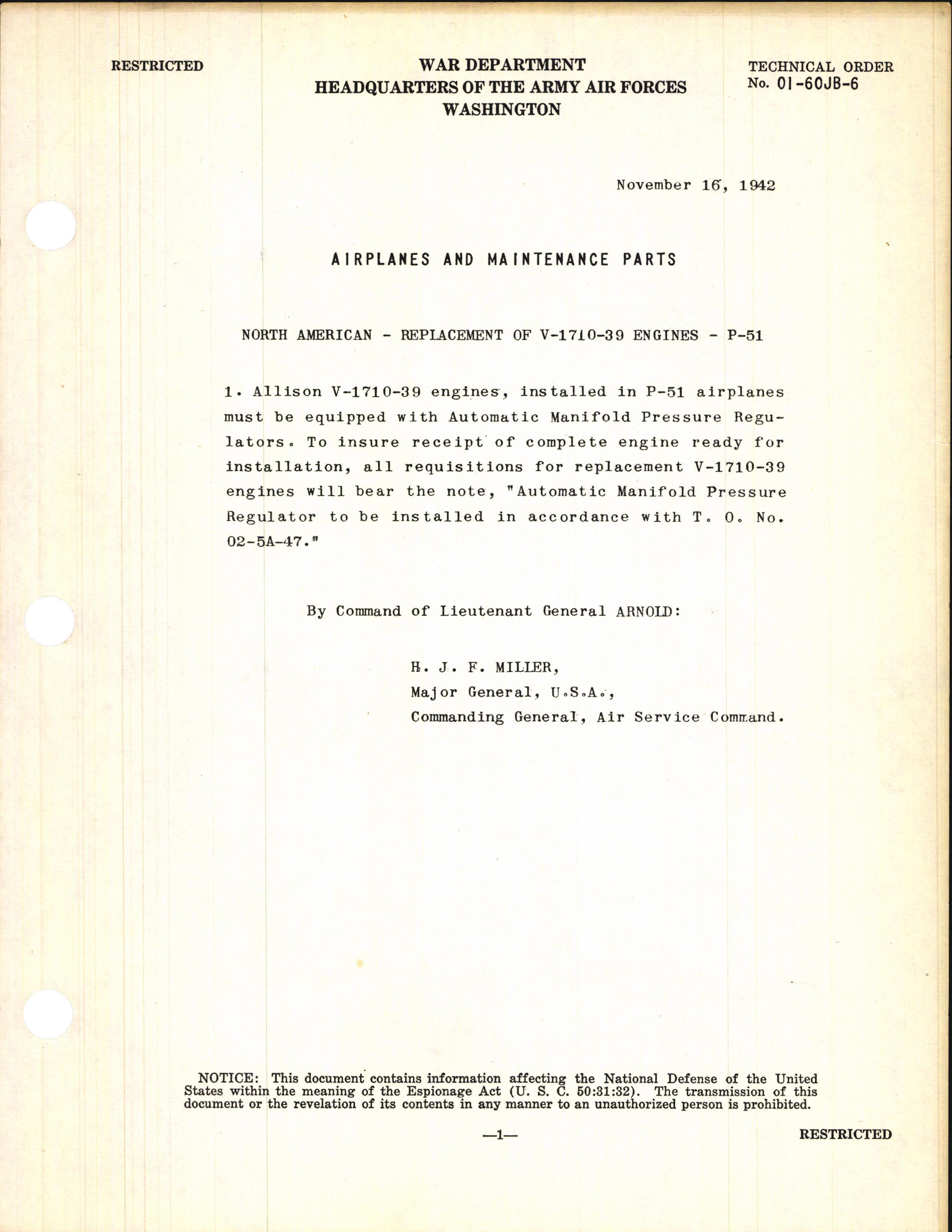 Sample page 1 from AirCorps Library document: Replacement of V-1710-39 Engines for P-51