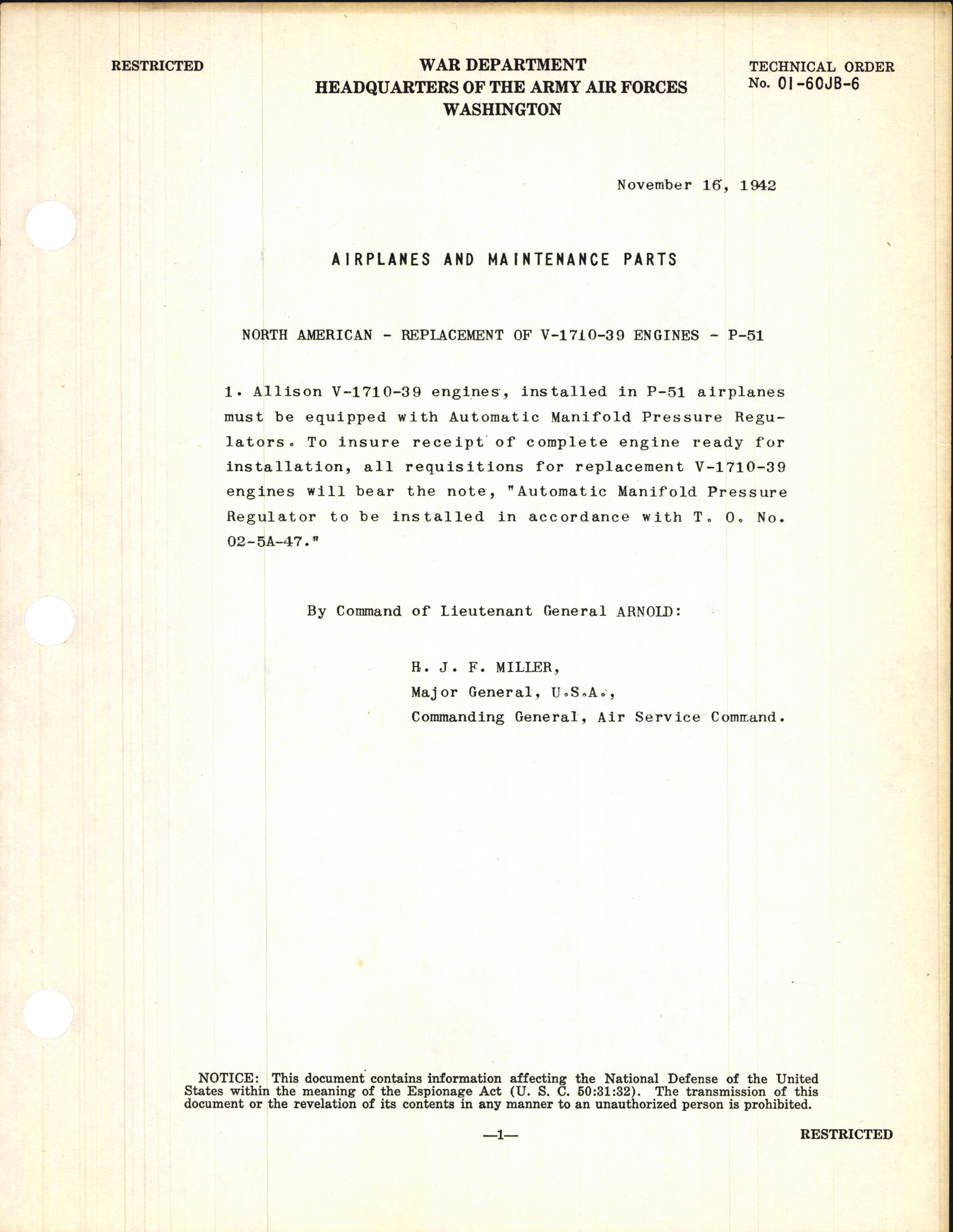 Sample page 1 from AirCorps Library document: Replacement of V-1710-39 Engines for P-51
