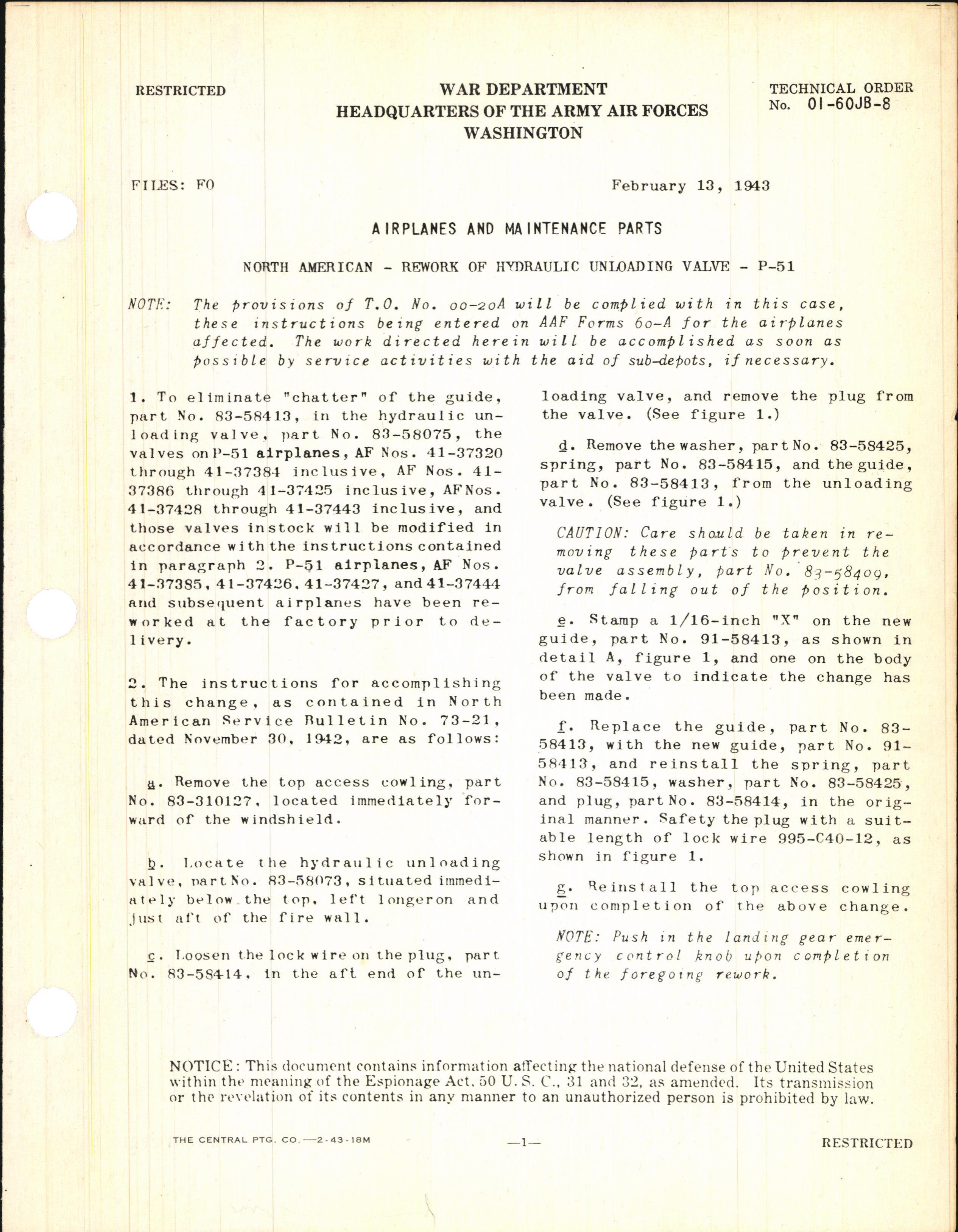Sample page 1 from AirCorps Library document: Rework of Hydraulic Unloading Valve for P-51