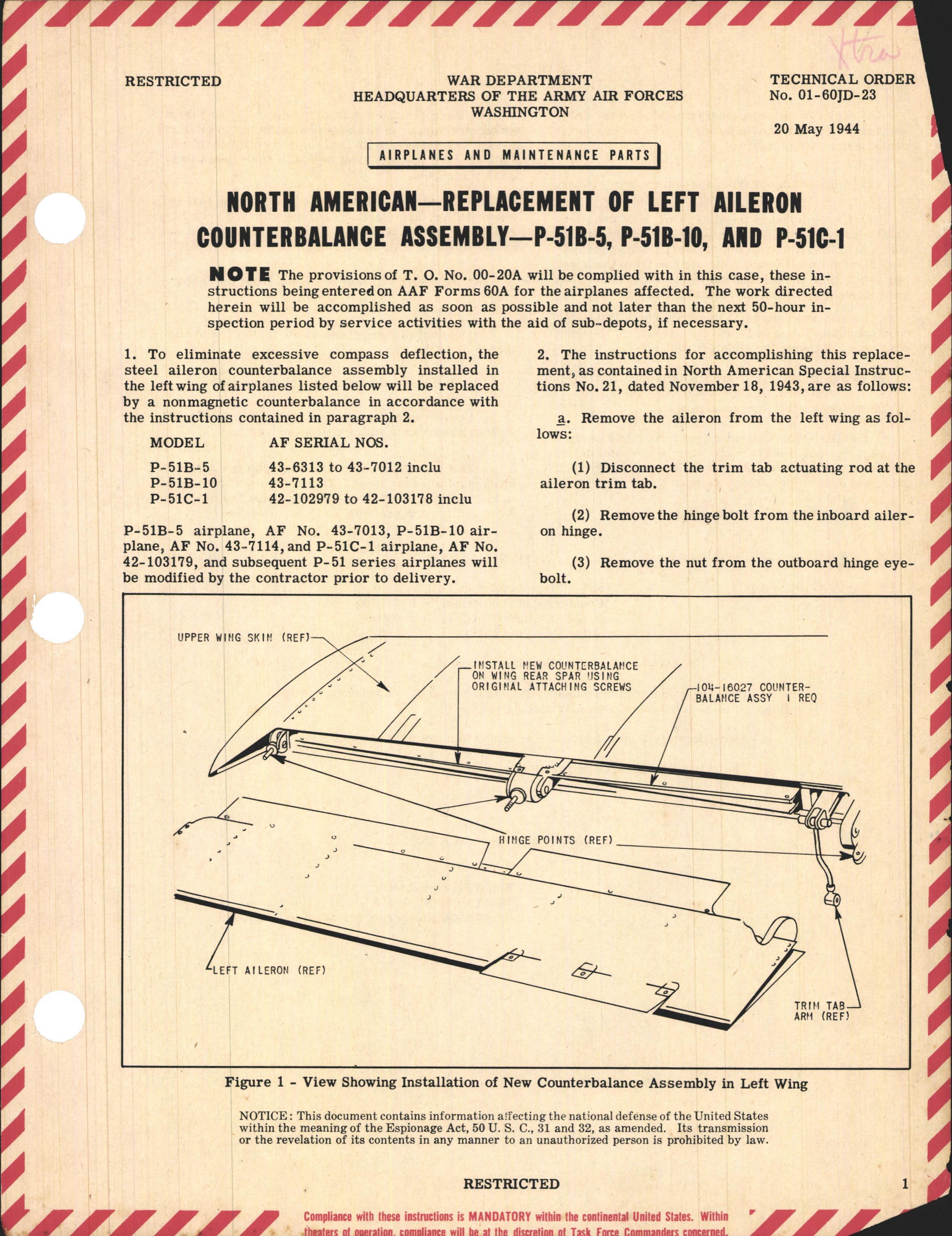 Sample page 1 from AirCorps Library document: Replacement of Left Aileron Counterbalance Assembly