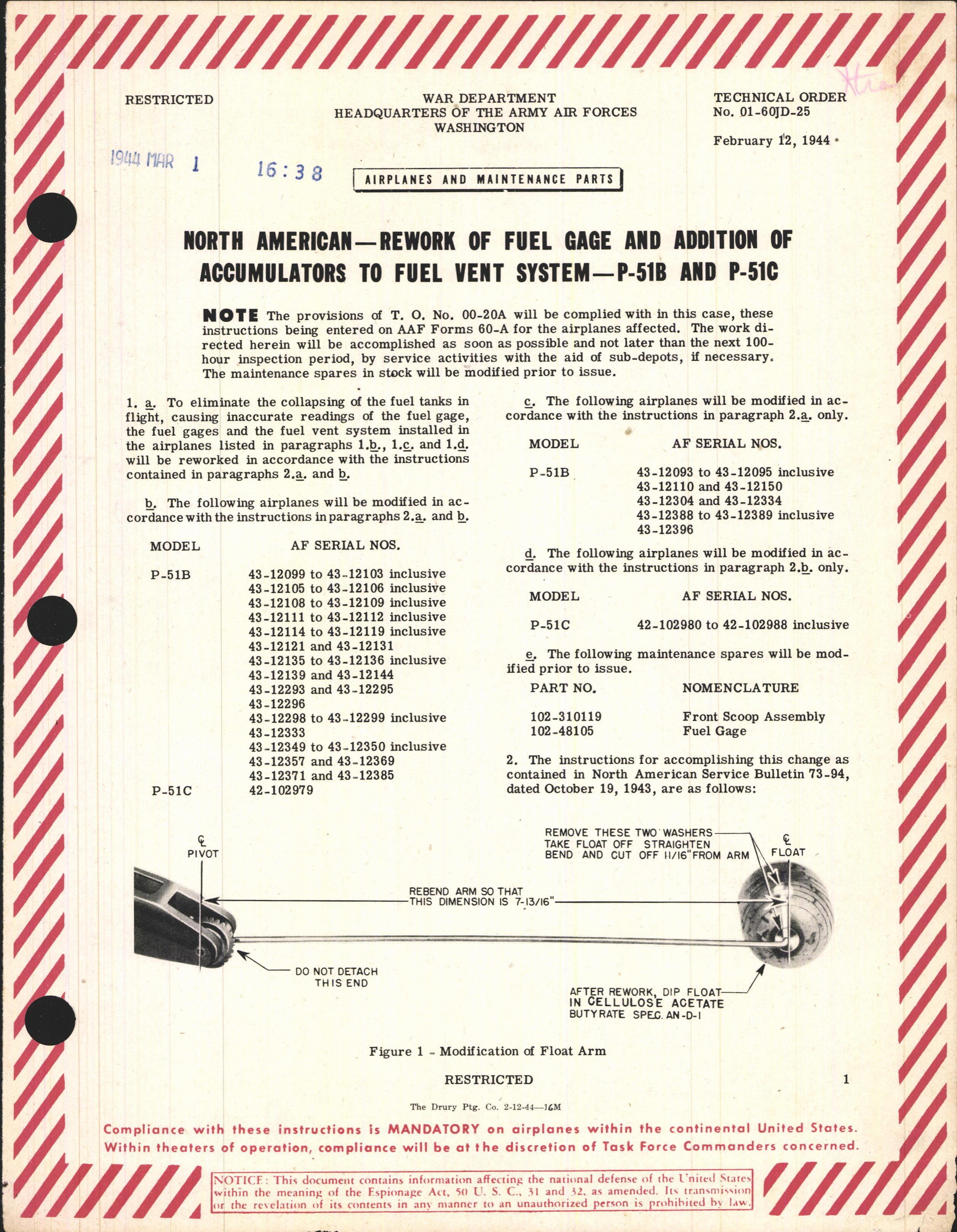 Sample page 1 from AirCorps Library document: Rework of Fuel Gage and Addition of Accumulators to Fuel Vent System