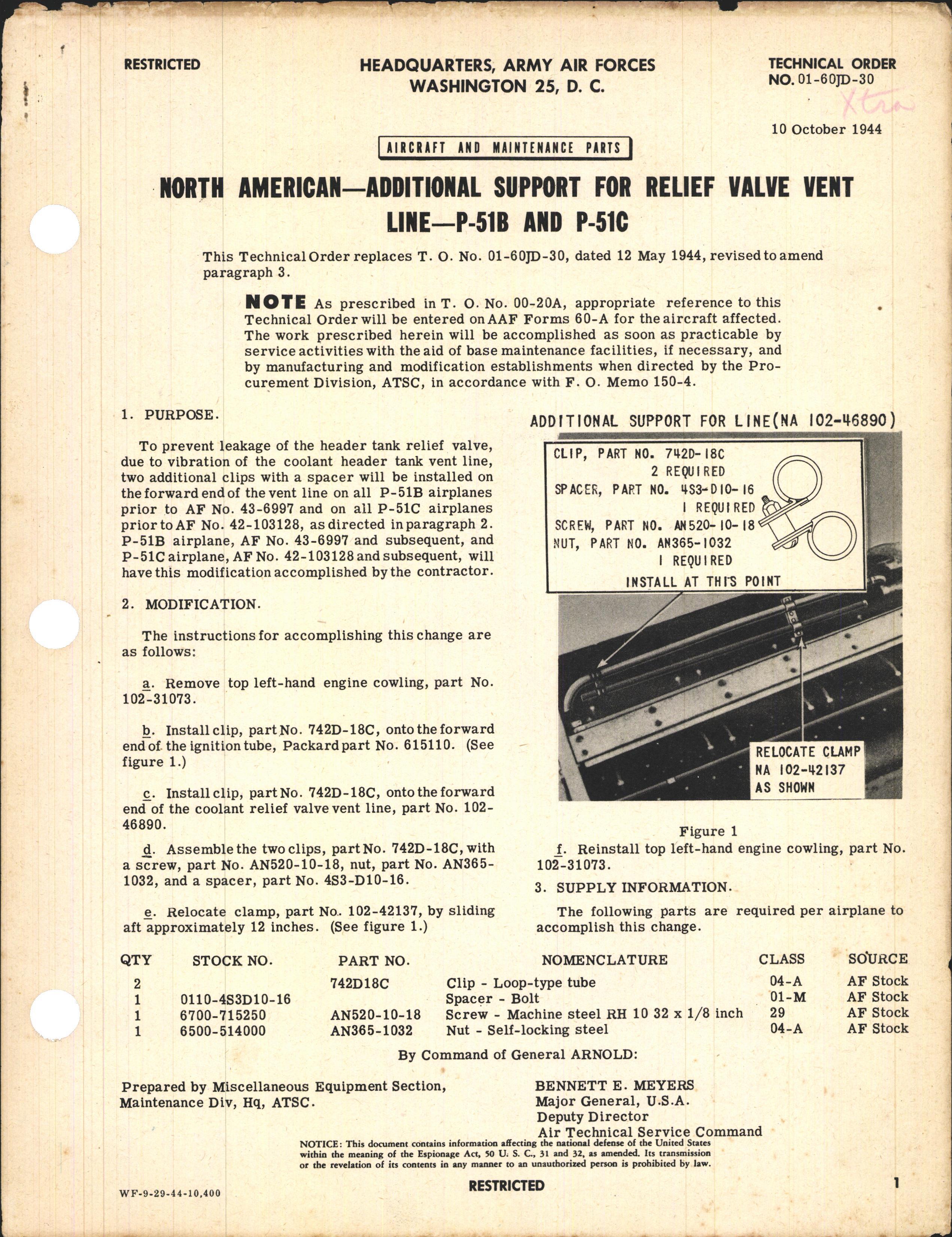 Sample page 1 from AirCorps Library document: Additional Support for Relief Valve Vent Line for P-51B and P-51C