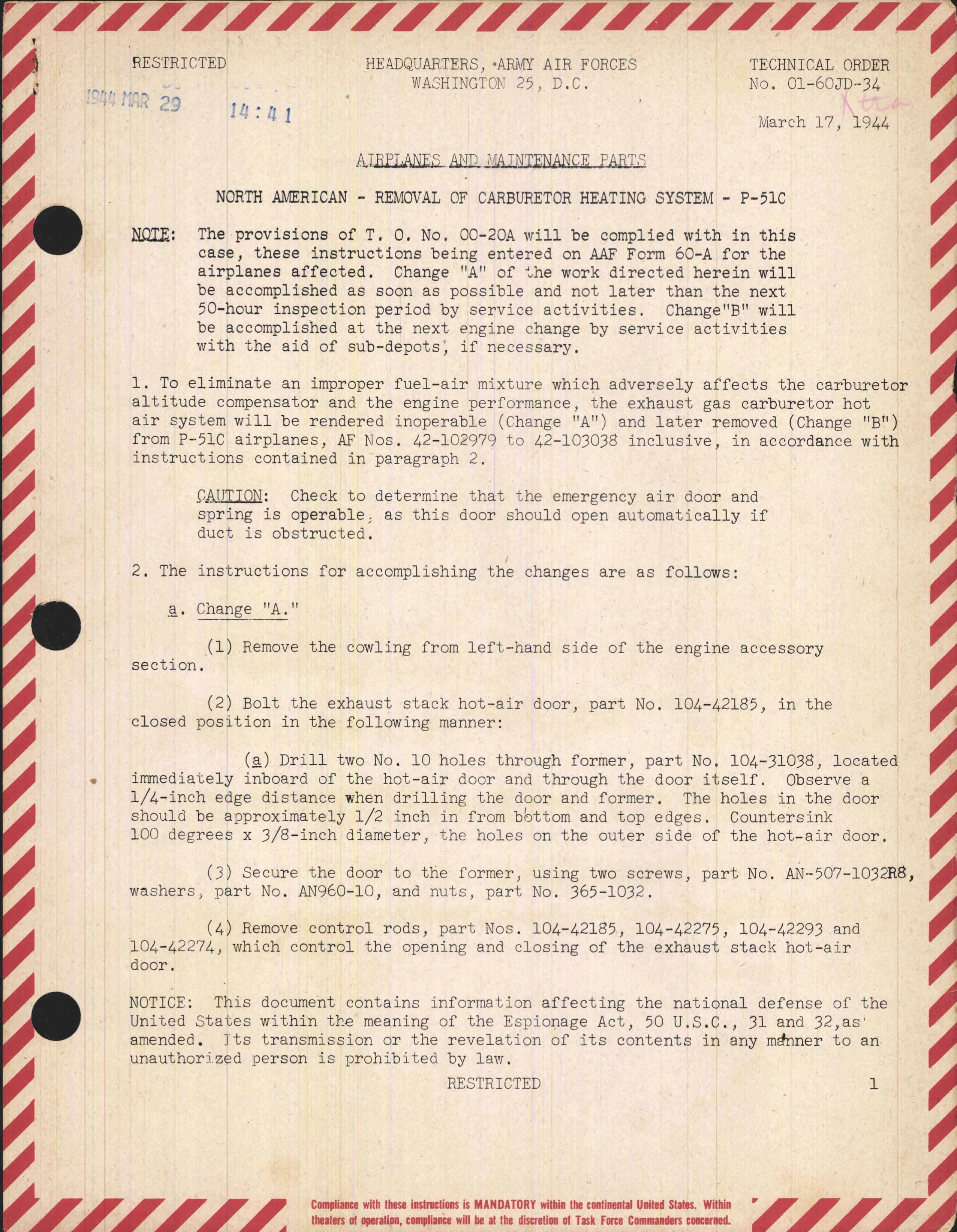 Sample page 1 from AirCorps Library document: Removal of Carburetor Heating System for P-51C