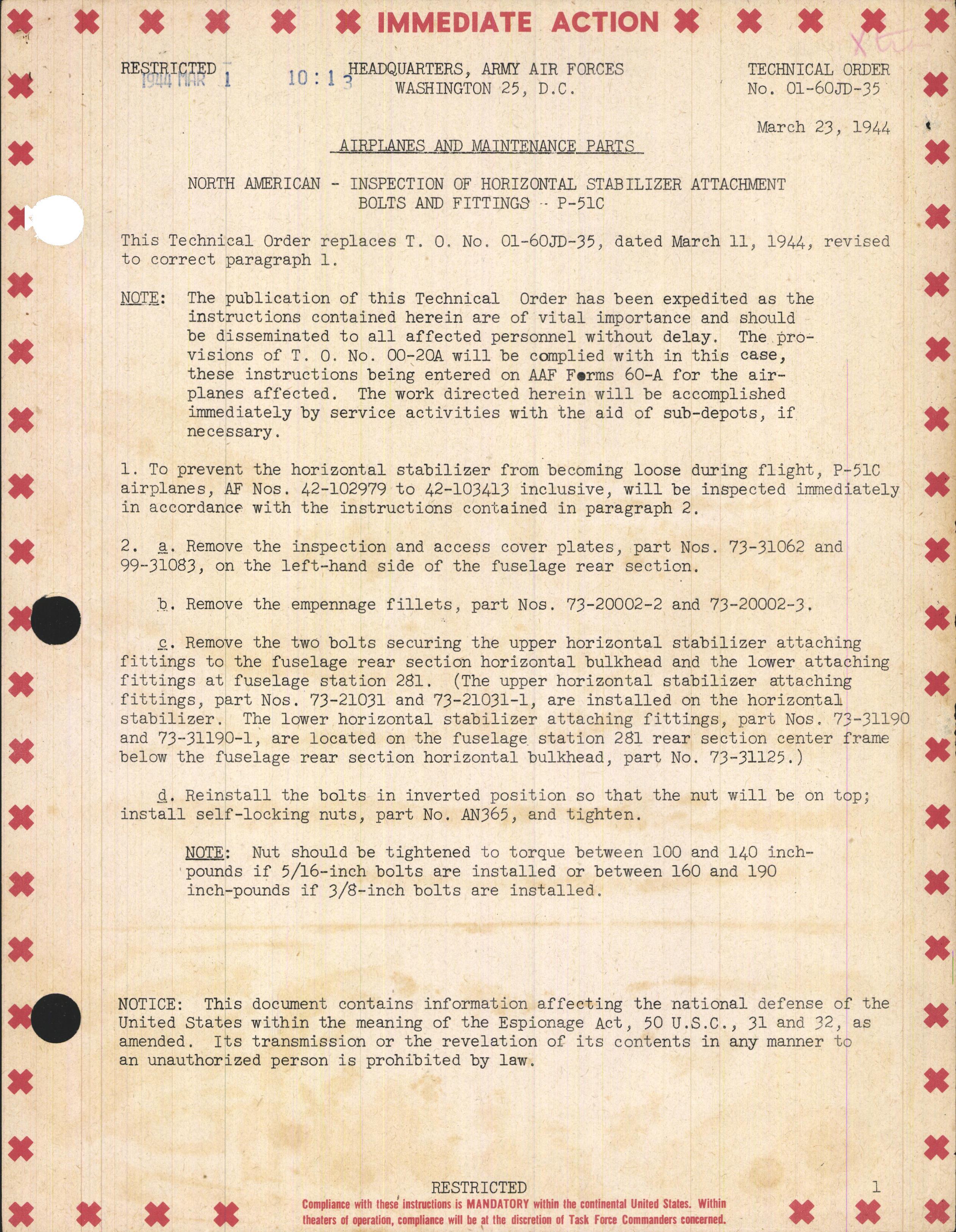 Sample page 1 from AirCorps Library document: Inspection of Horizontal Stabilizer Attachment Bolts and Fittings for P-51C