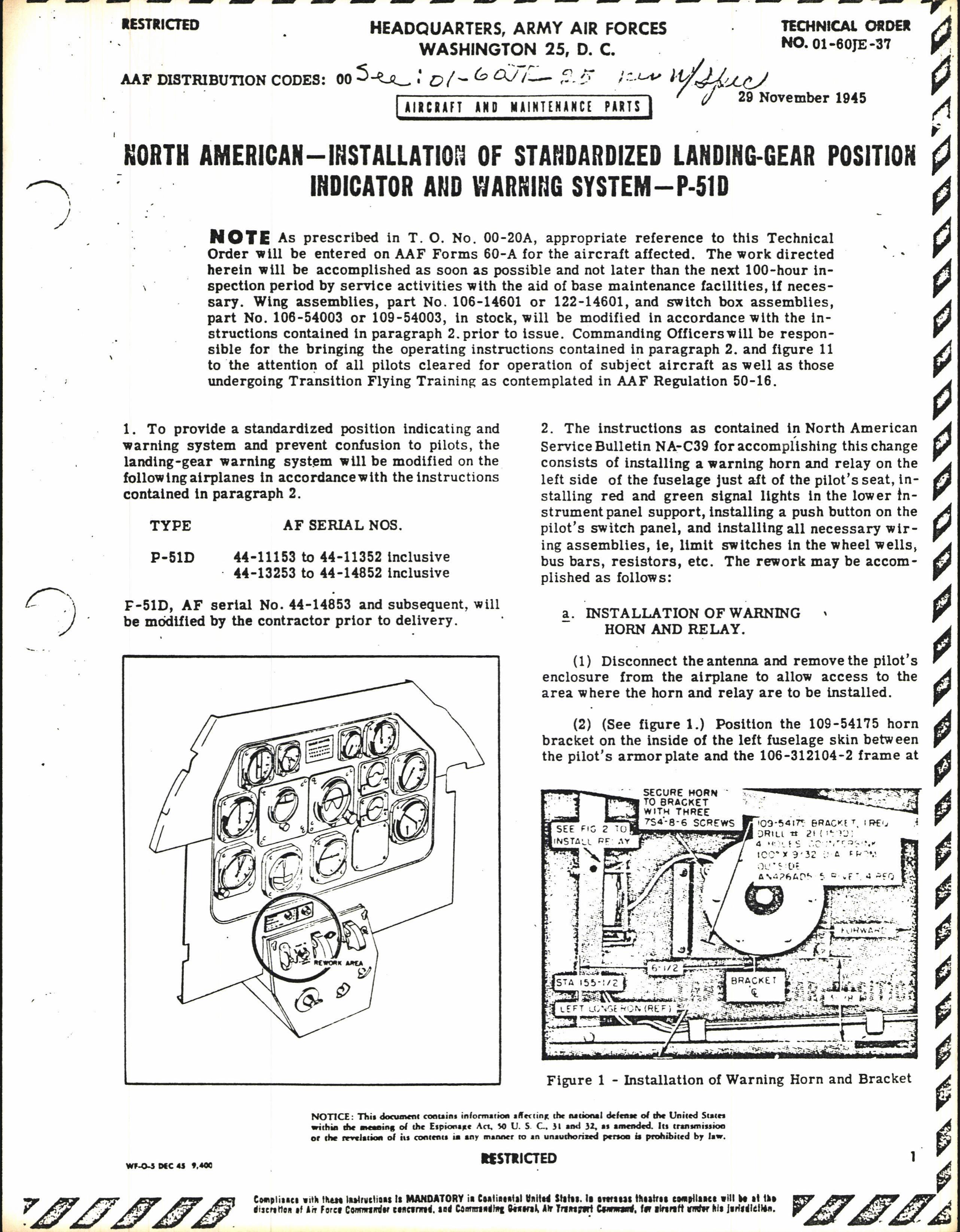 Sample page 1 from AirCorps Library document: Installation of Standardized Landing-Gear Position Indicator and Warning System for P-51D