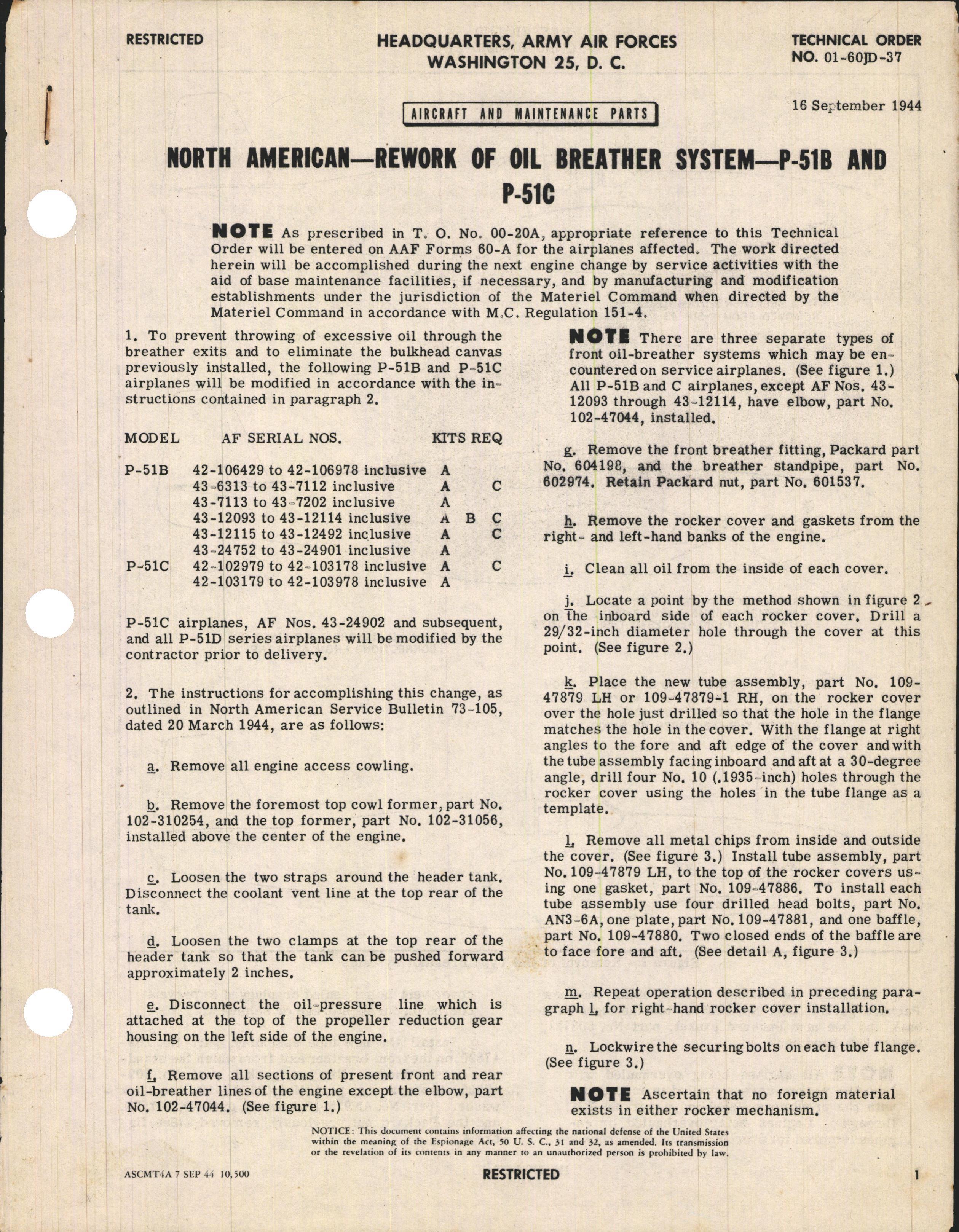 Sample page 1 from AirCorps Library document: Rework of Oil Breather System for P-51B and P-51C