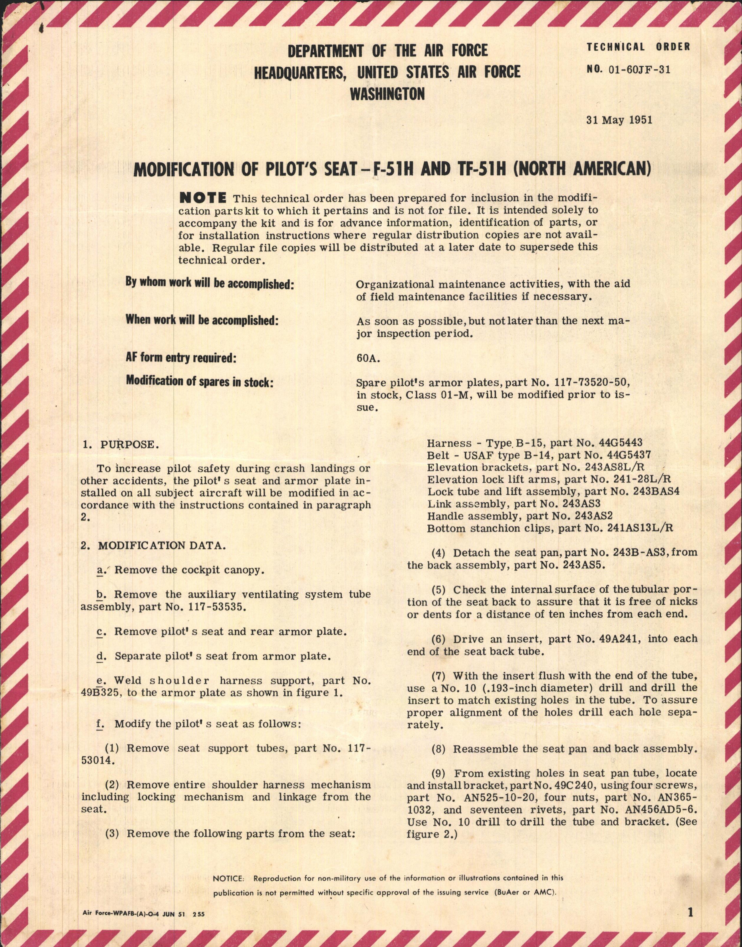 Sample page 1 from AirCorps Library document: Modification of Pilot's Seat for F-51H and TF-51H