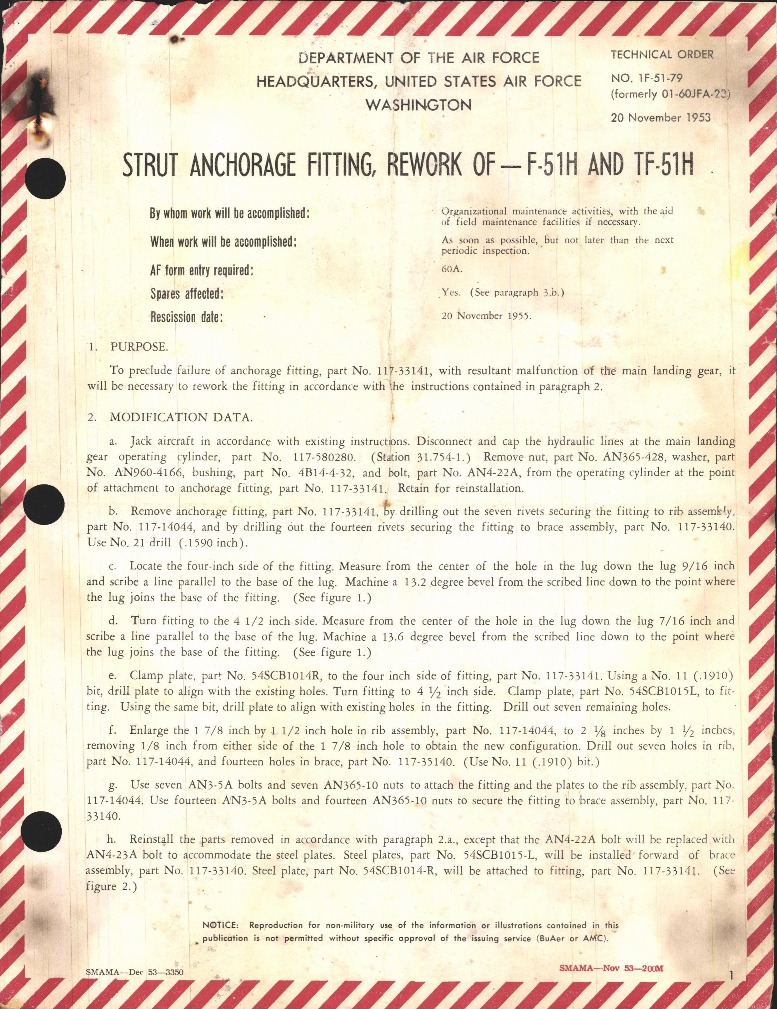 Sample page 1 from AirCorps Library document: Rework of Strut Anchorage Fitting for F-51H and TF-51H