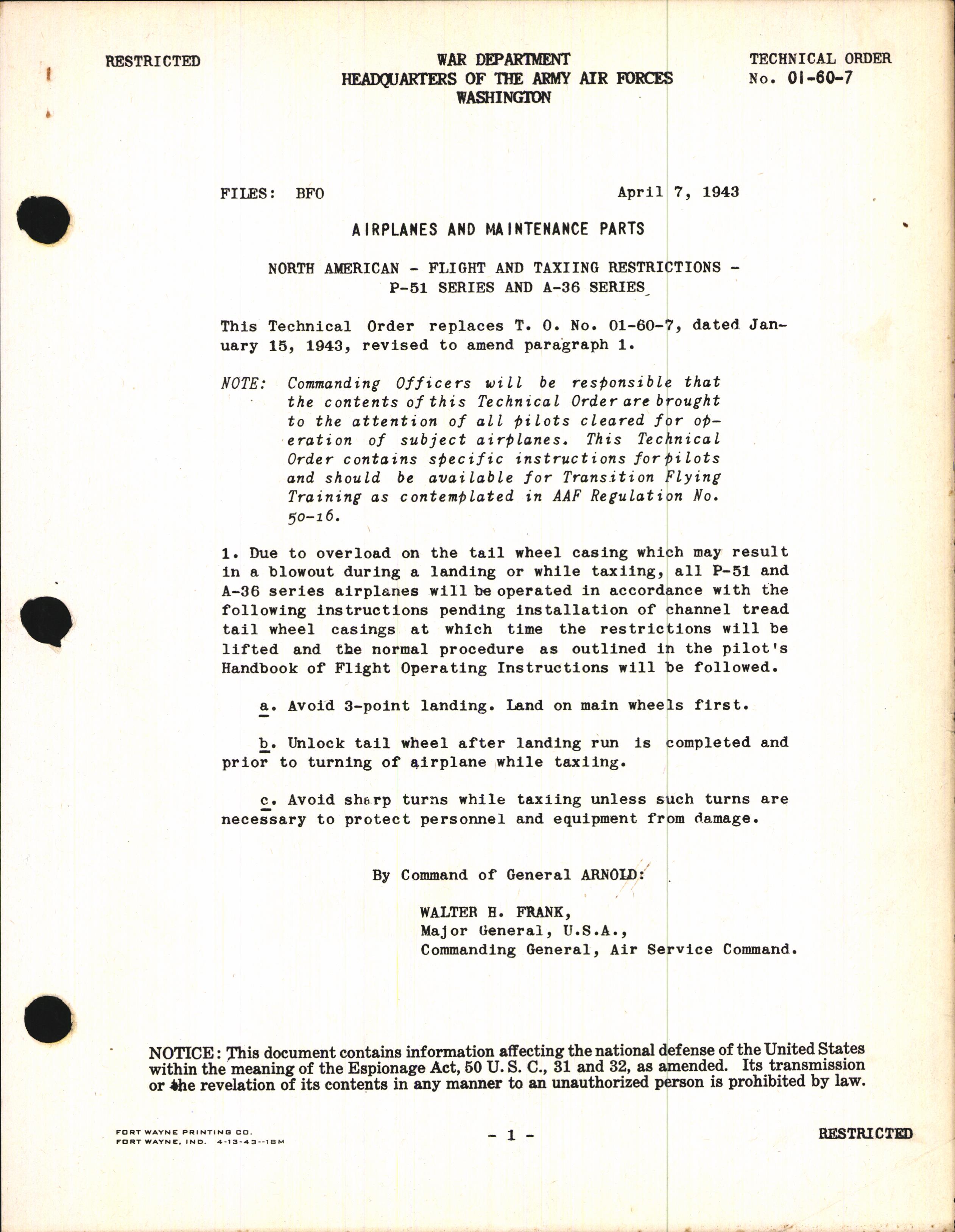 Sample page 1 from AirCorps Library document: Flight and Taxiing Restrictions for P-51 and A-36 Series