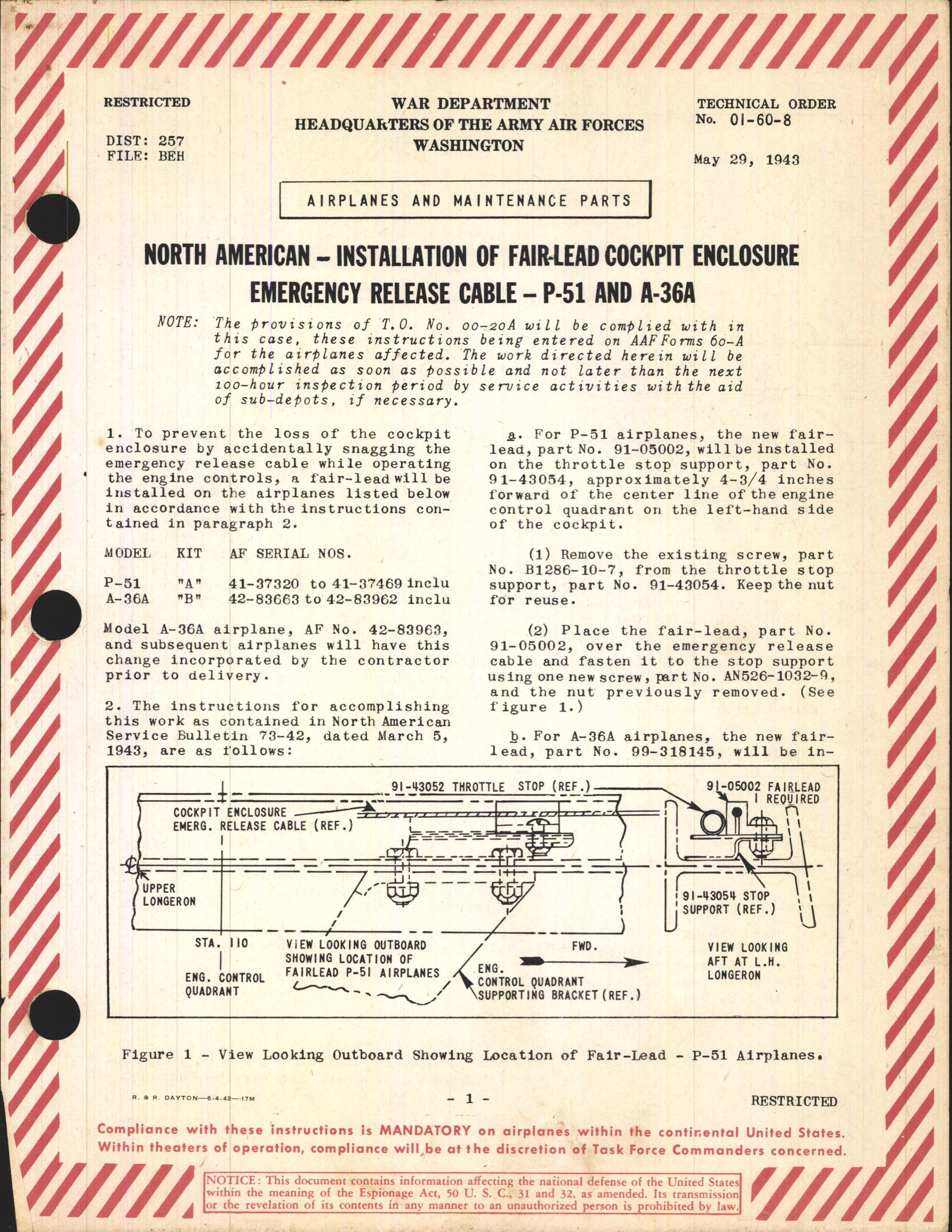 Sample page 1 from AirCorps Library document: Installation of Fair-Lead Cockpit Enclosure Emergency Release Cable for P-51 and A-36A