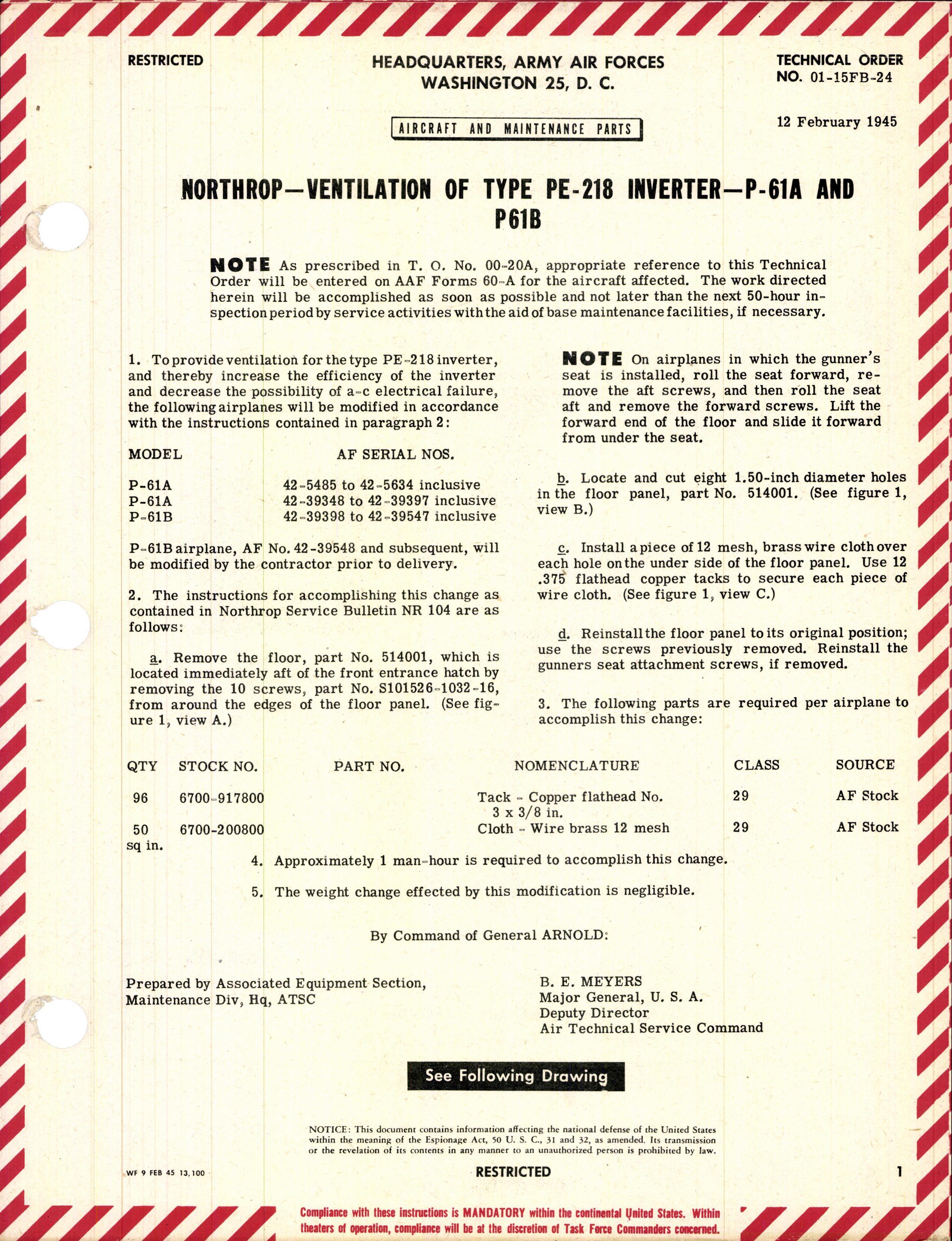 Sample page 1 from AirCorps Library document: Ventilation of Type PE-218 Inverter for P-61A and P-61B