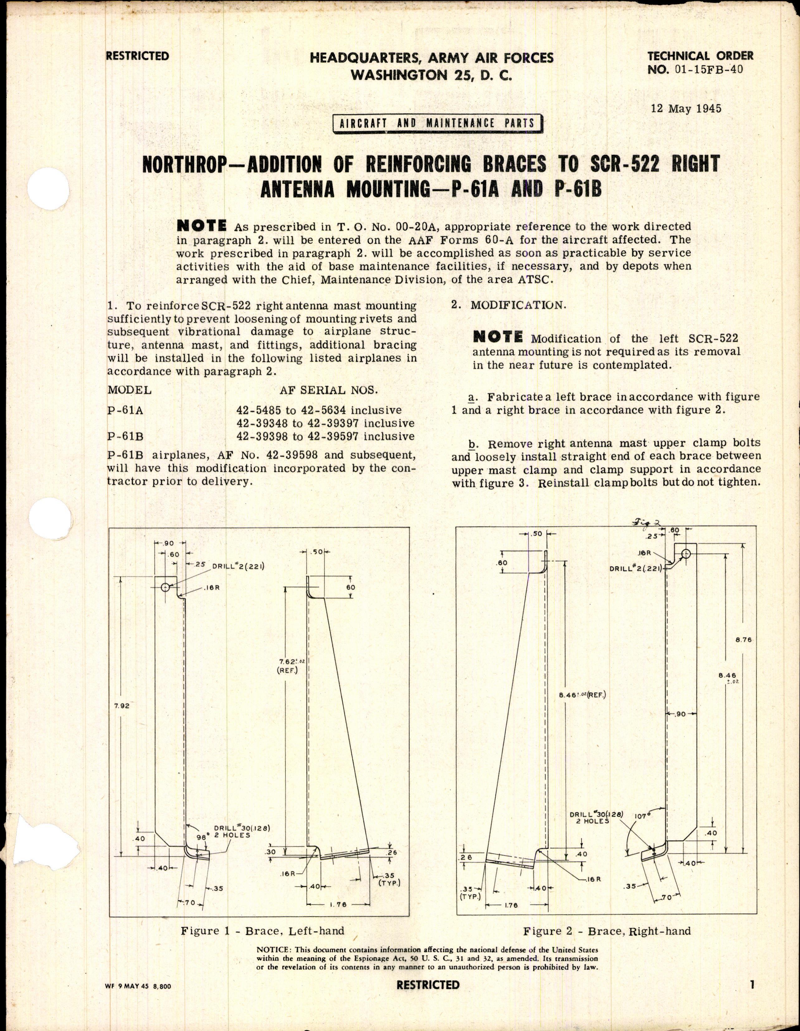 Sample page 1 from AirCorps Library document: Addition of Reinforcing Braces to SCR-522 Right Antenna Mounting for P-61A and P-51B