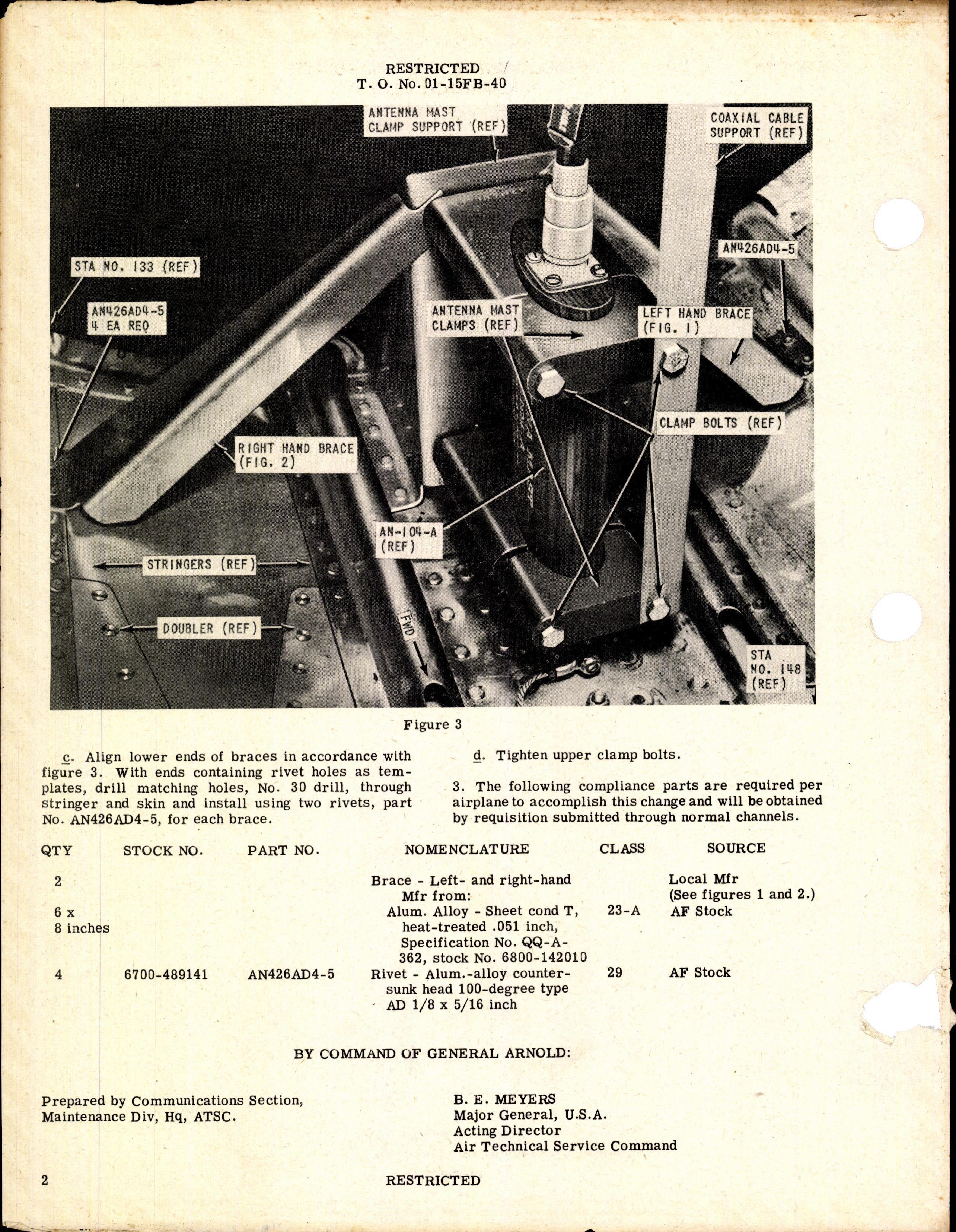 Sample page 2 from AirCorps Library document: Addition of Reinforcing Braces to SCR-522 Right Antenna Mounting for P-61A and P-51B
