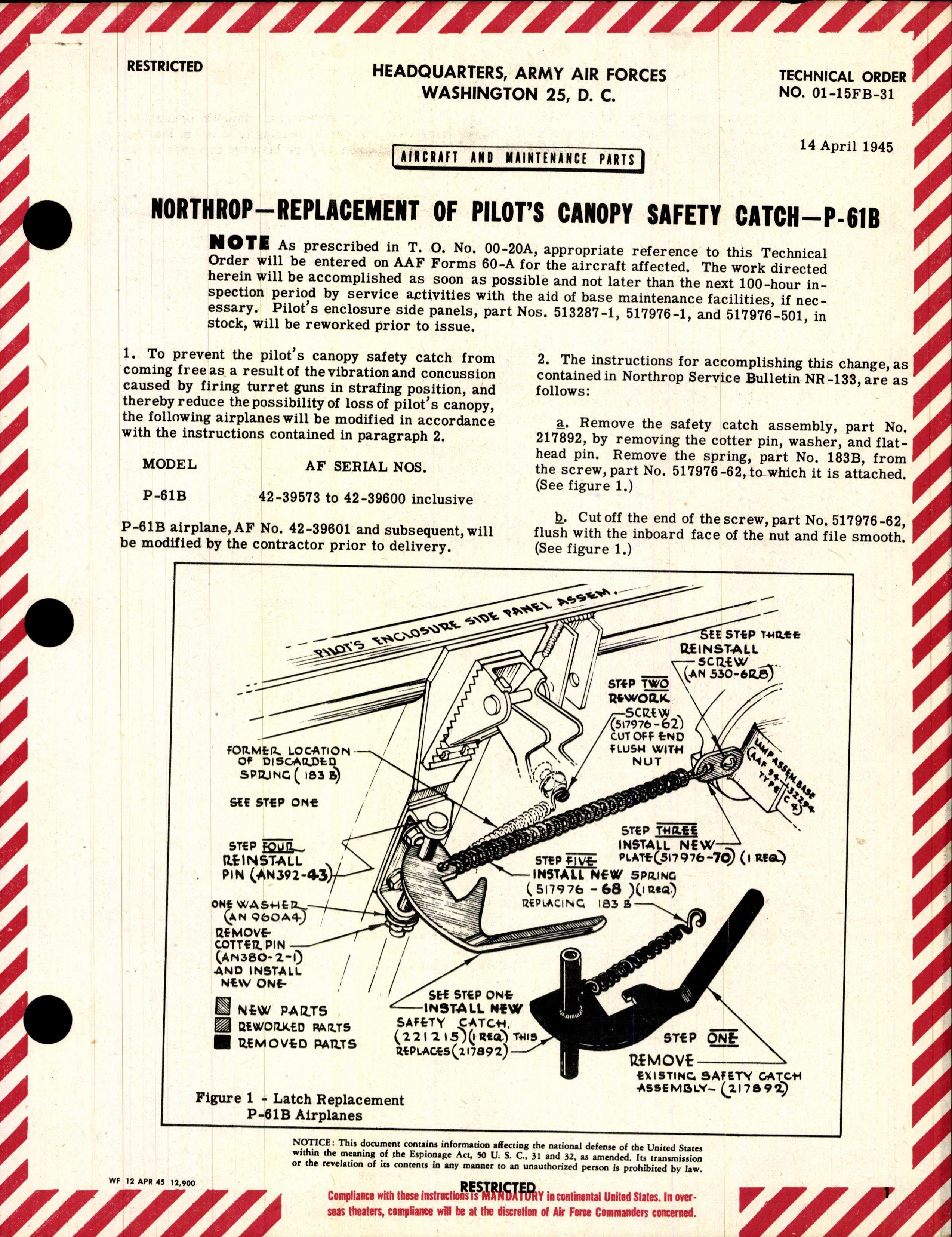 Sample page 1 from AirCorps Library document: Replacement of Pilot's Canopy Safety Catch for P-61B