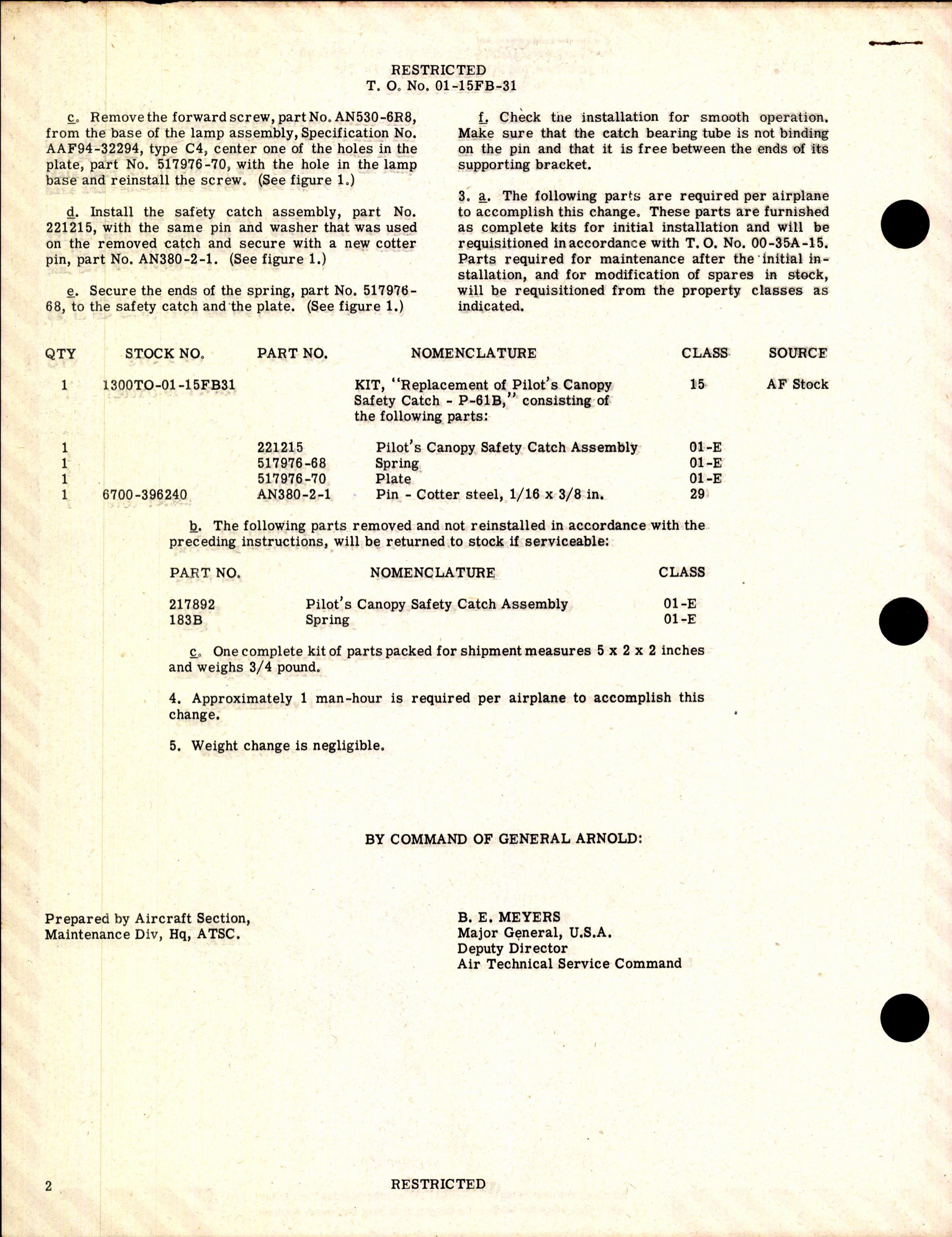 Sample page 2 from AirCorps Library document: Replacement of Pilot's Canopy Safety Catch for P-61B