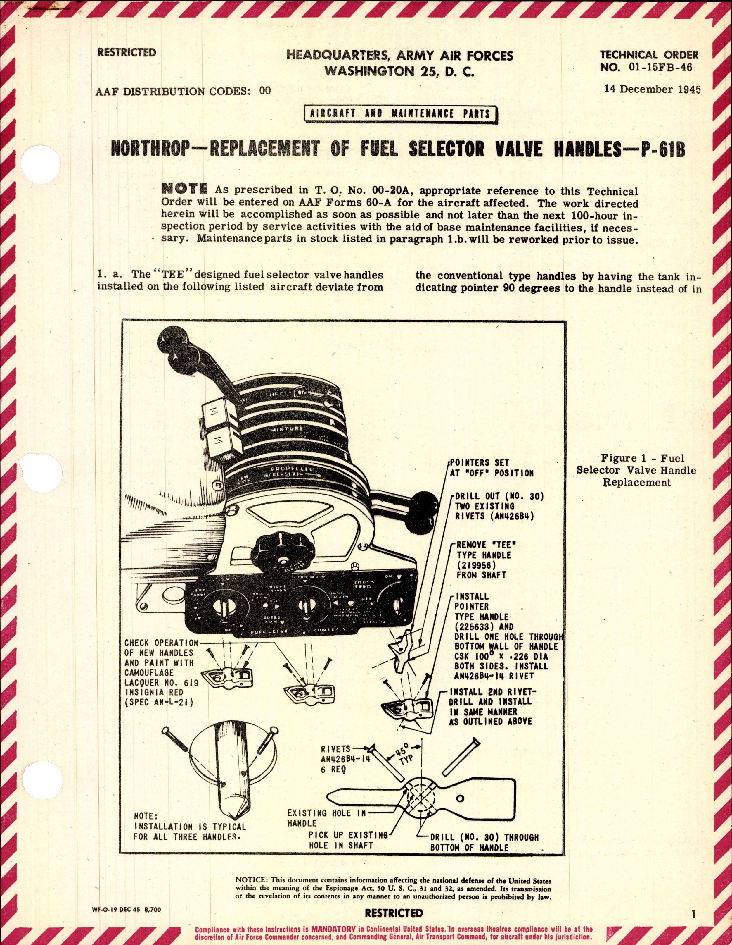 Sample page 1 from AirCorps Library document: Replacement of Fuel Selector Valve Handles for P-61B