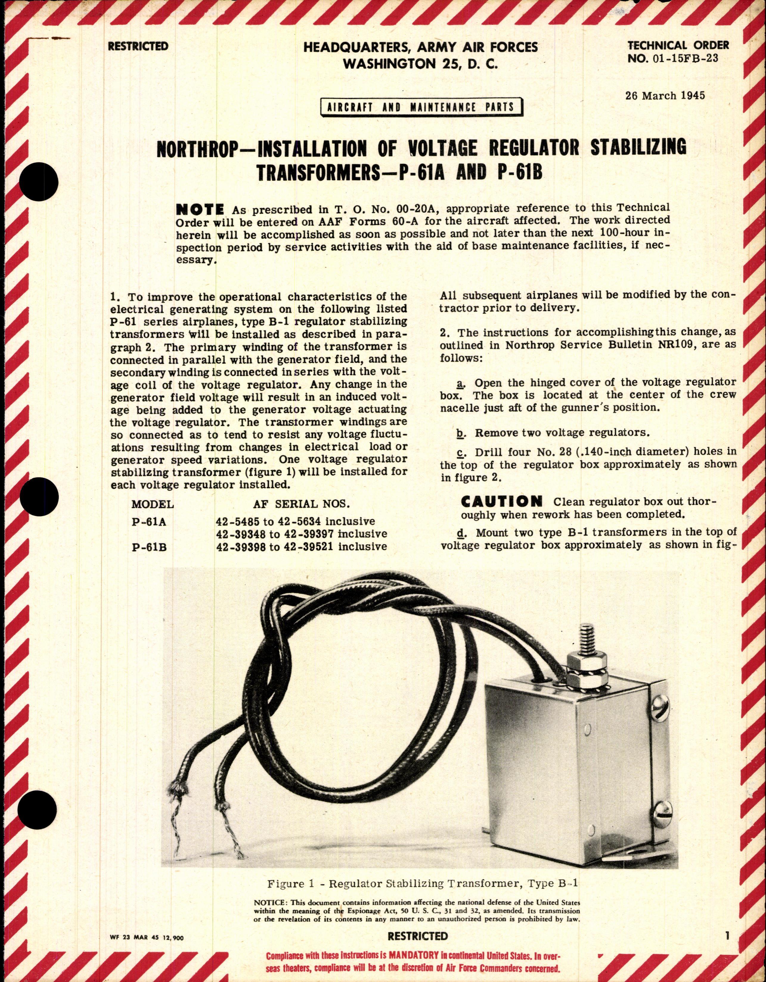 Sample page 1 from AirCorps Library document: Installation of Voltage Regulator Stabilizing Transformers for P-61A and P-61B
